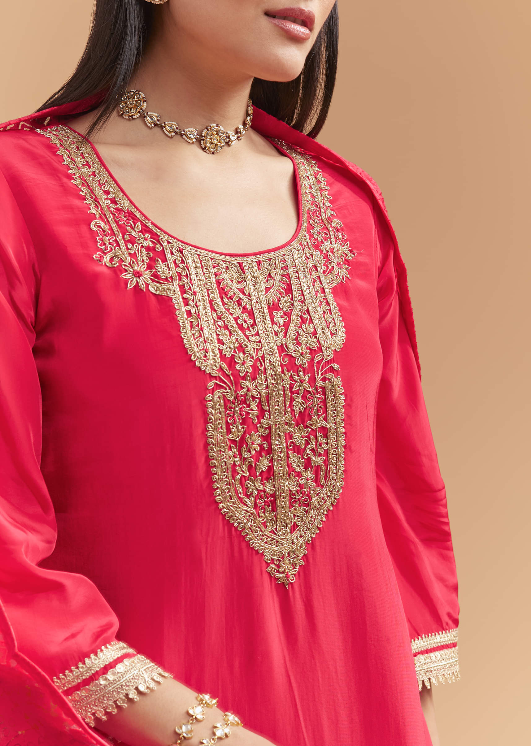 Pink Crepe Kurta Set With Heavy Zardosi Work - Image 2