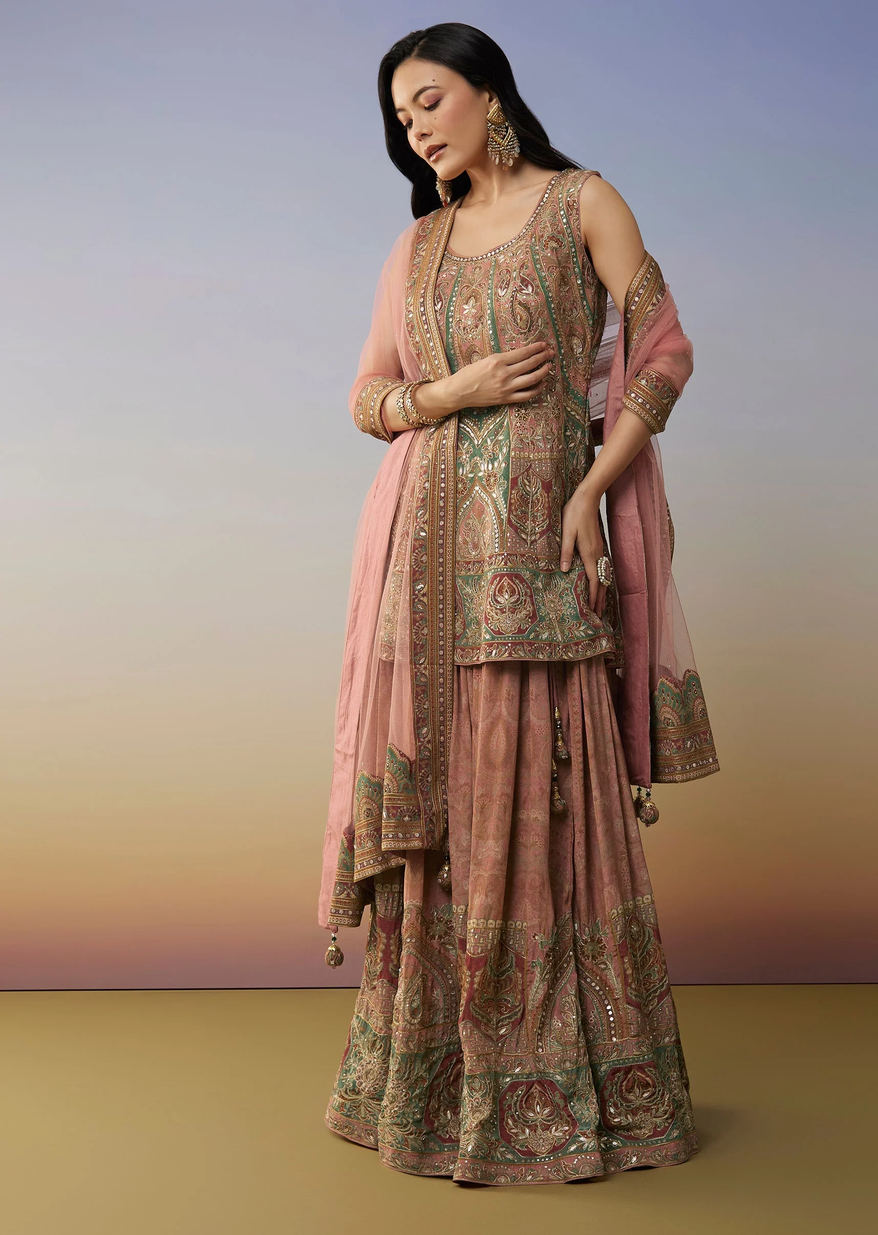 Pink Crepe Palazzo Suits with Gotta Lace Work - Image 3