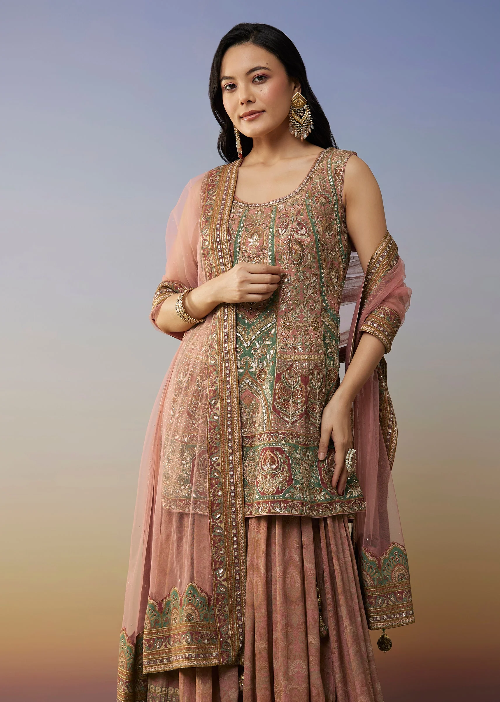 Pink Crepe Palazzo Suits with Gotta Lace Work - Image 4