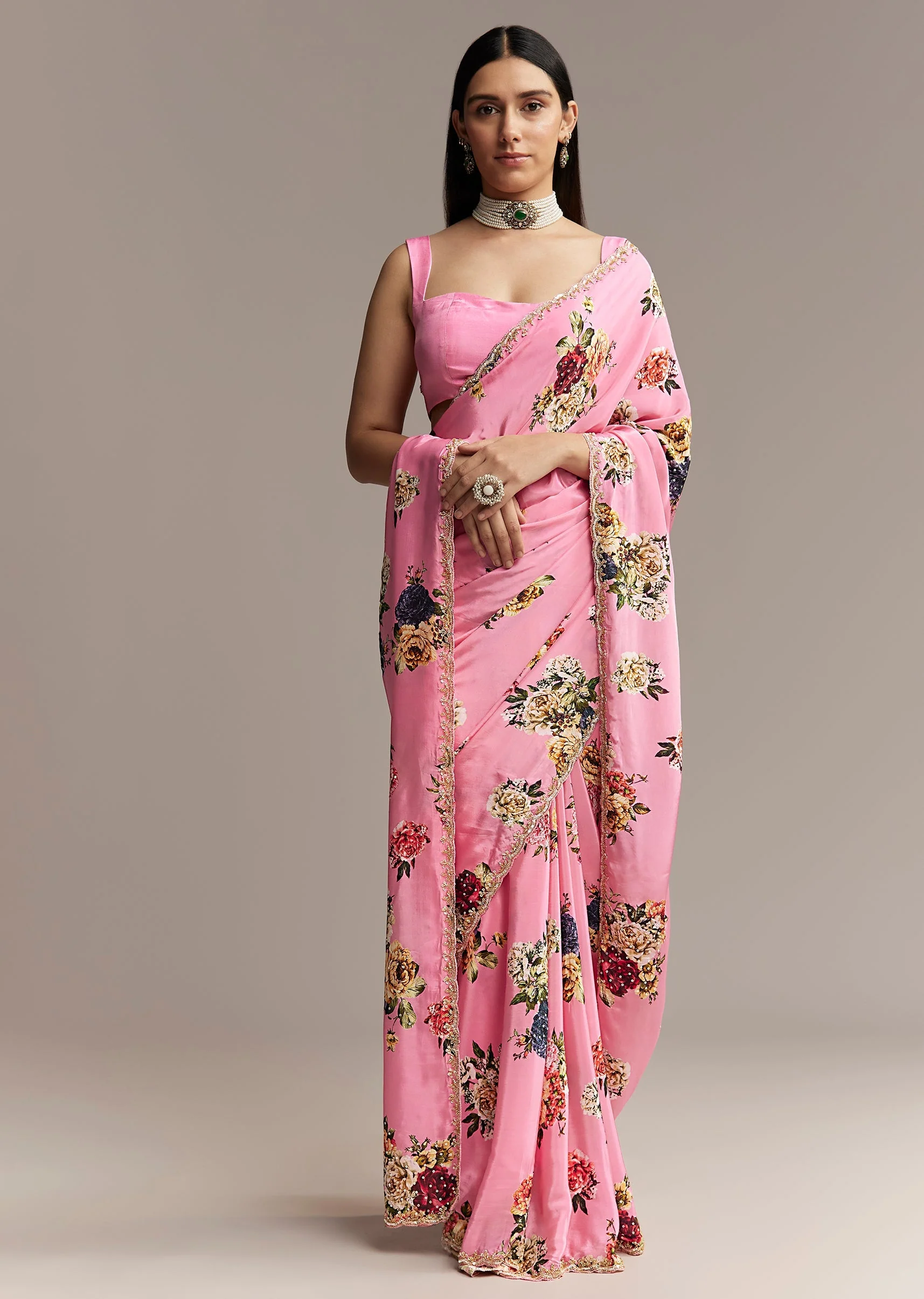 Pink Crepe Saree With Floral Digital Print And Sequin Border - Image 3