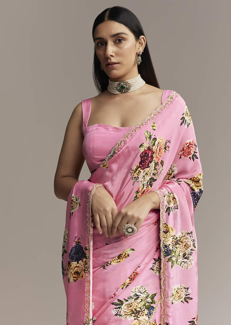 Pink Crepe Saree With Floral Digital Print And Sequin Border - Image 5