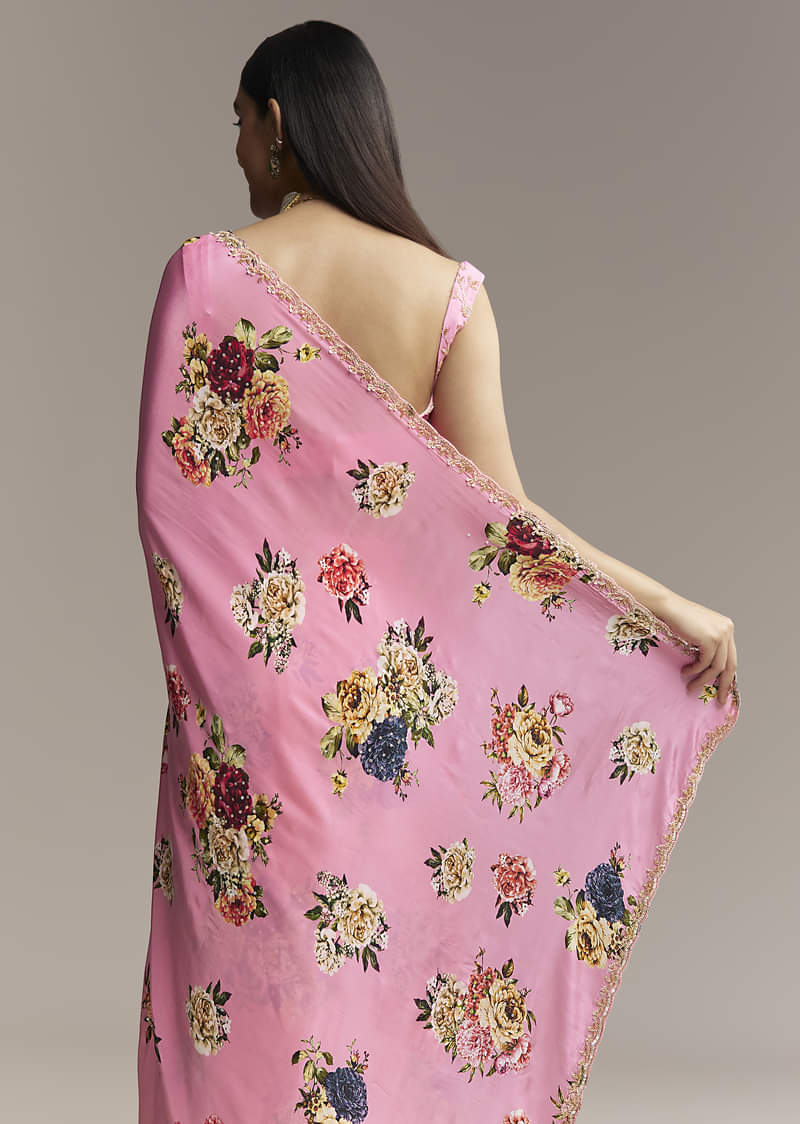Pink Crepe Saree With Floral Digital Print And Sequin Border - Image 6