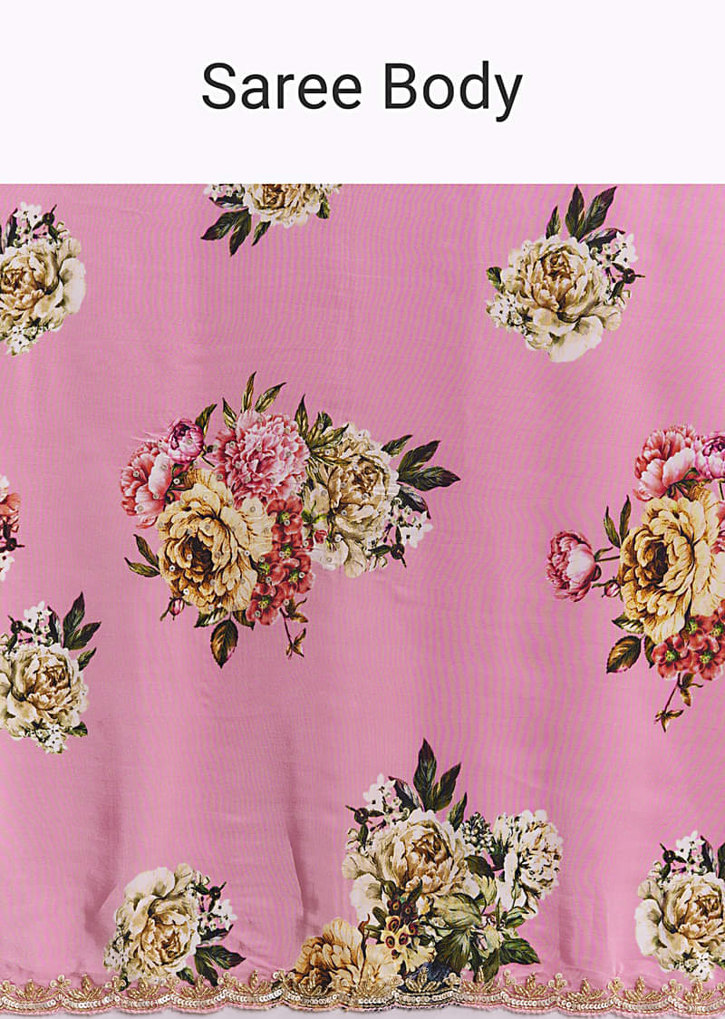Pink Crepe Saree With Floral Digital Print And Sequin Border - Image 9