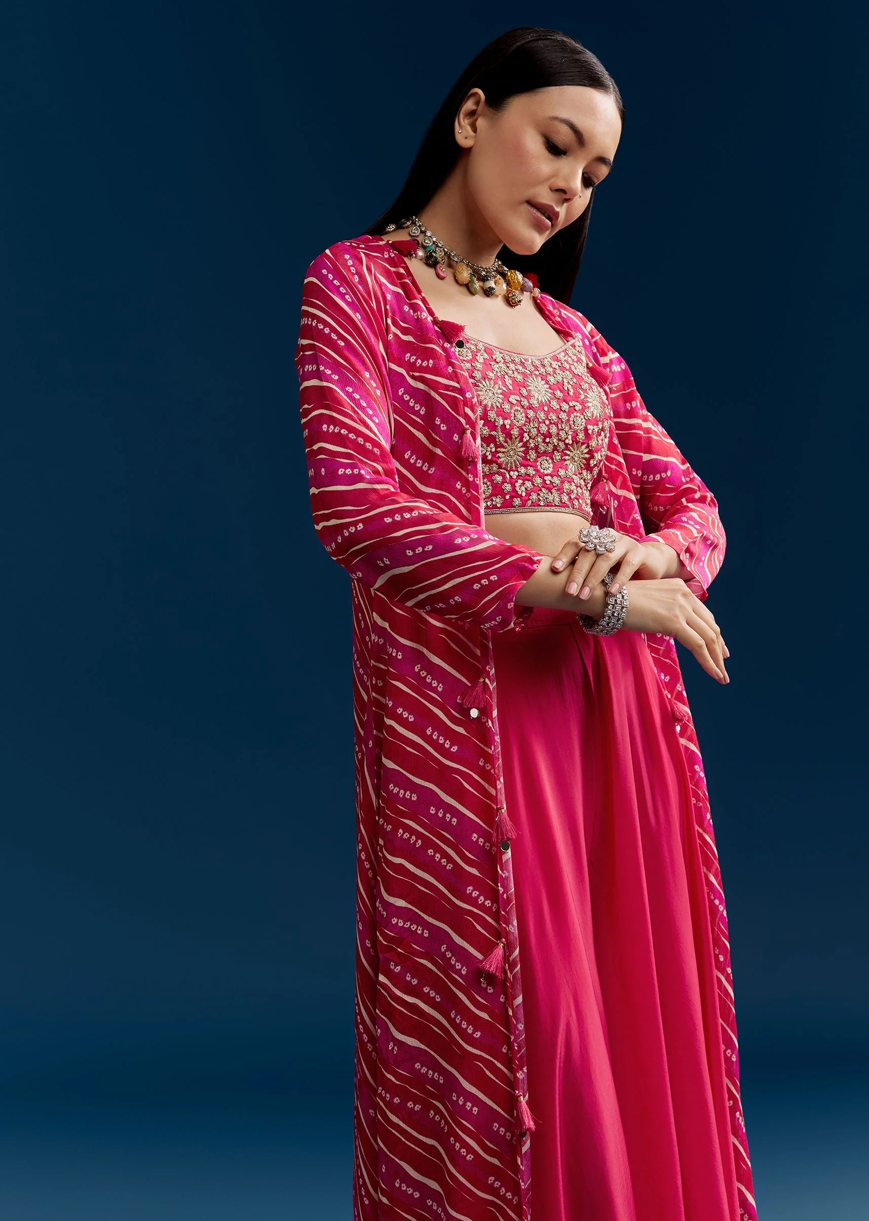 Pink Crop Top Palazzo Set With Zardosi Jacket - Image 4