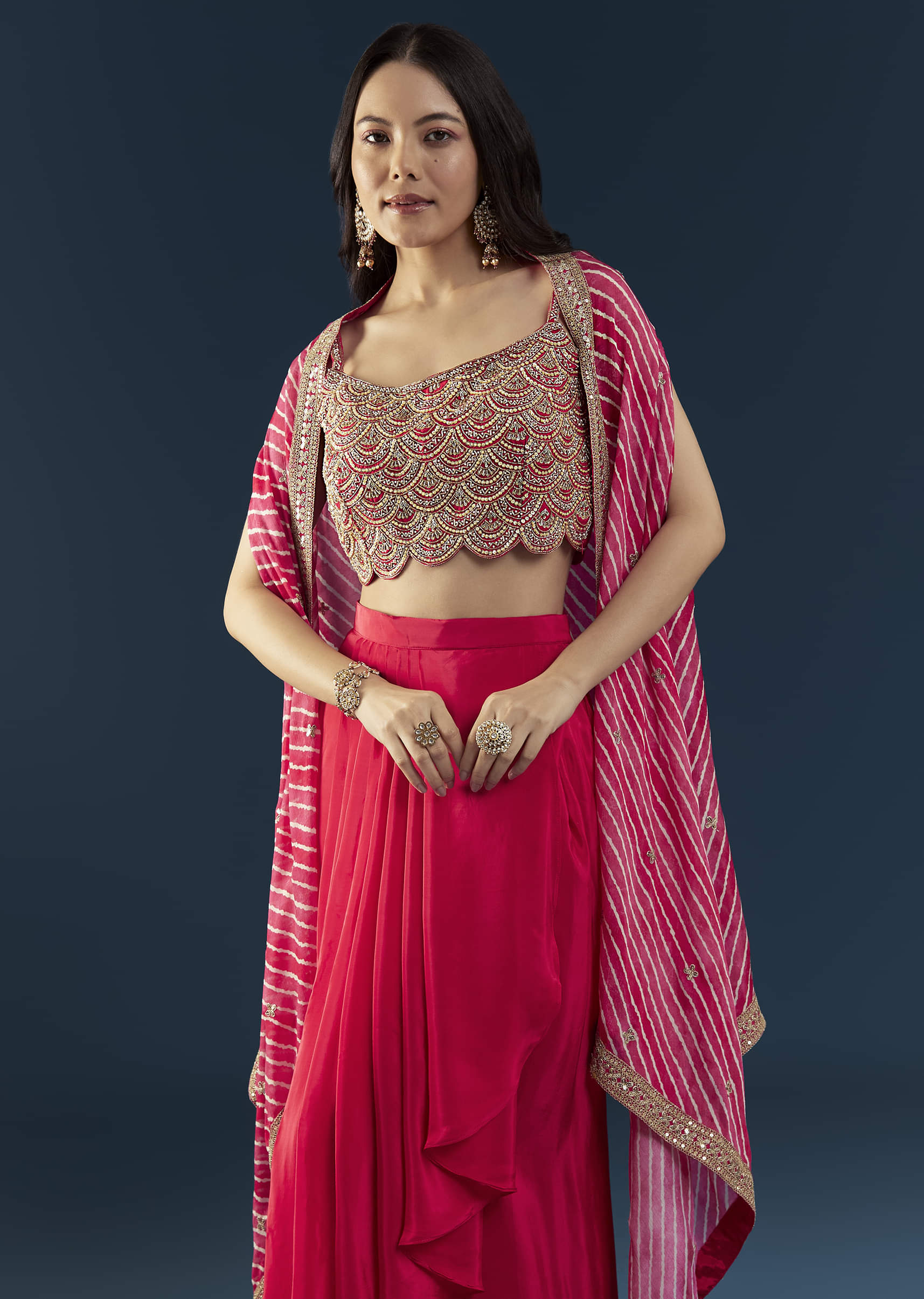 Pink Crop Top Skirt Set with Leheriya Cape - Image 4
