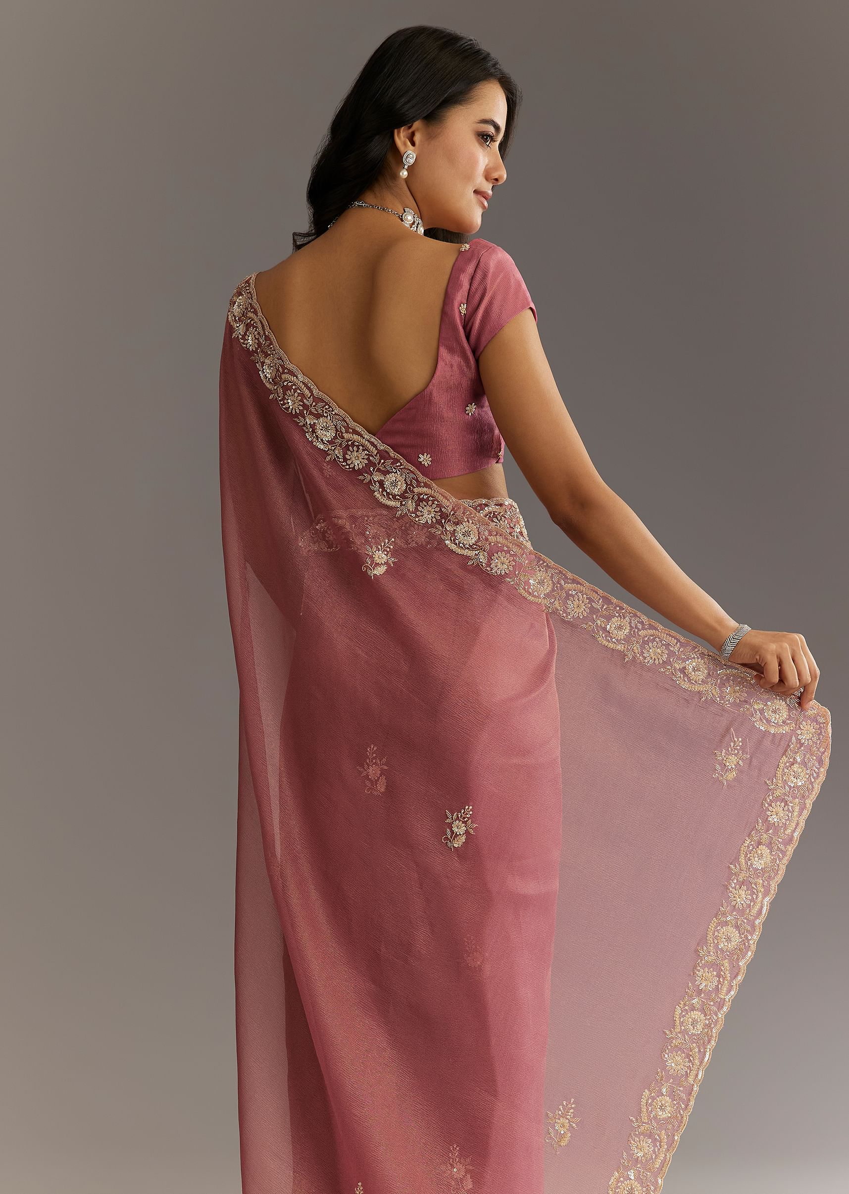 Pink Crushed Tissue Floral Embroidered Saree With Cutdana And Sequins - Image 6