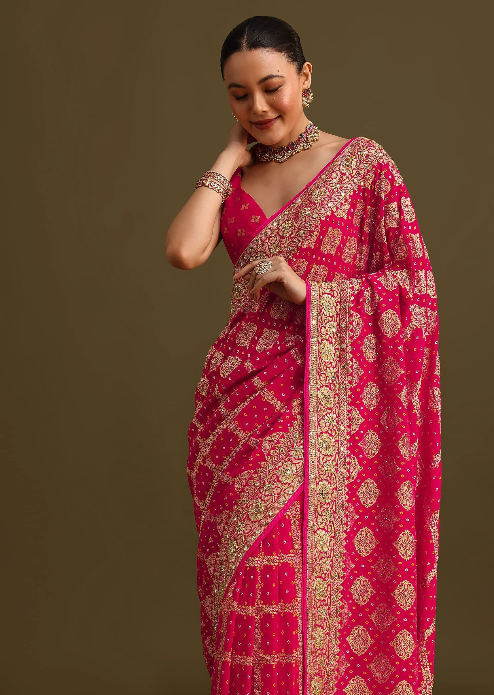 Pink Cutdana Embroidered Bandhani Weave Saree With Unstitched Blouse - Image 2