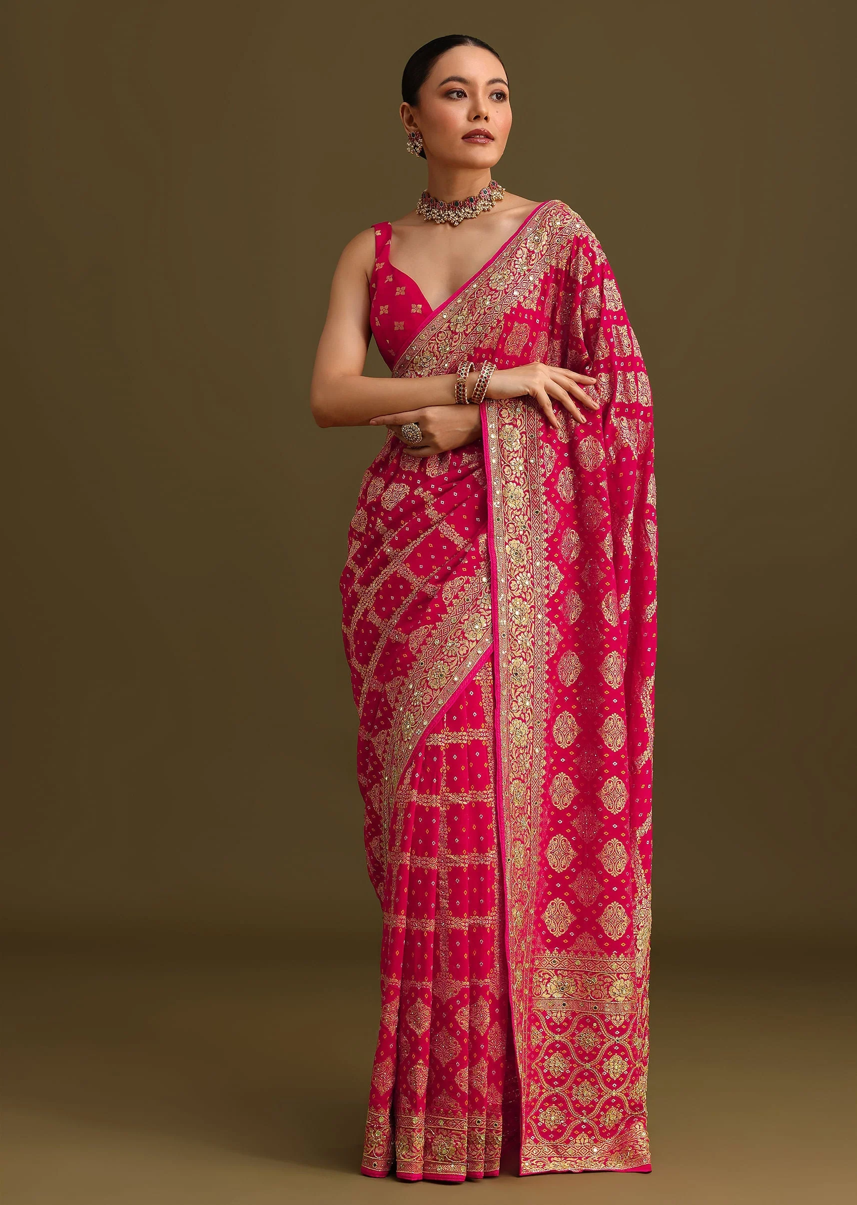 Pink Cutdana Embroidered Bandhani Weave Saree With Unstitched Blouse - Image 3