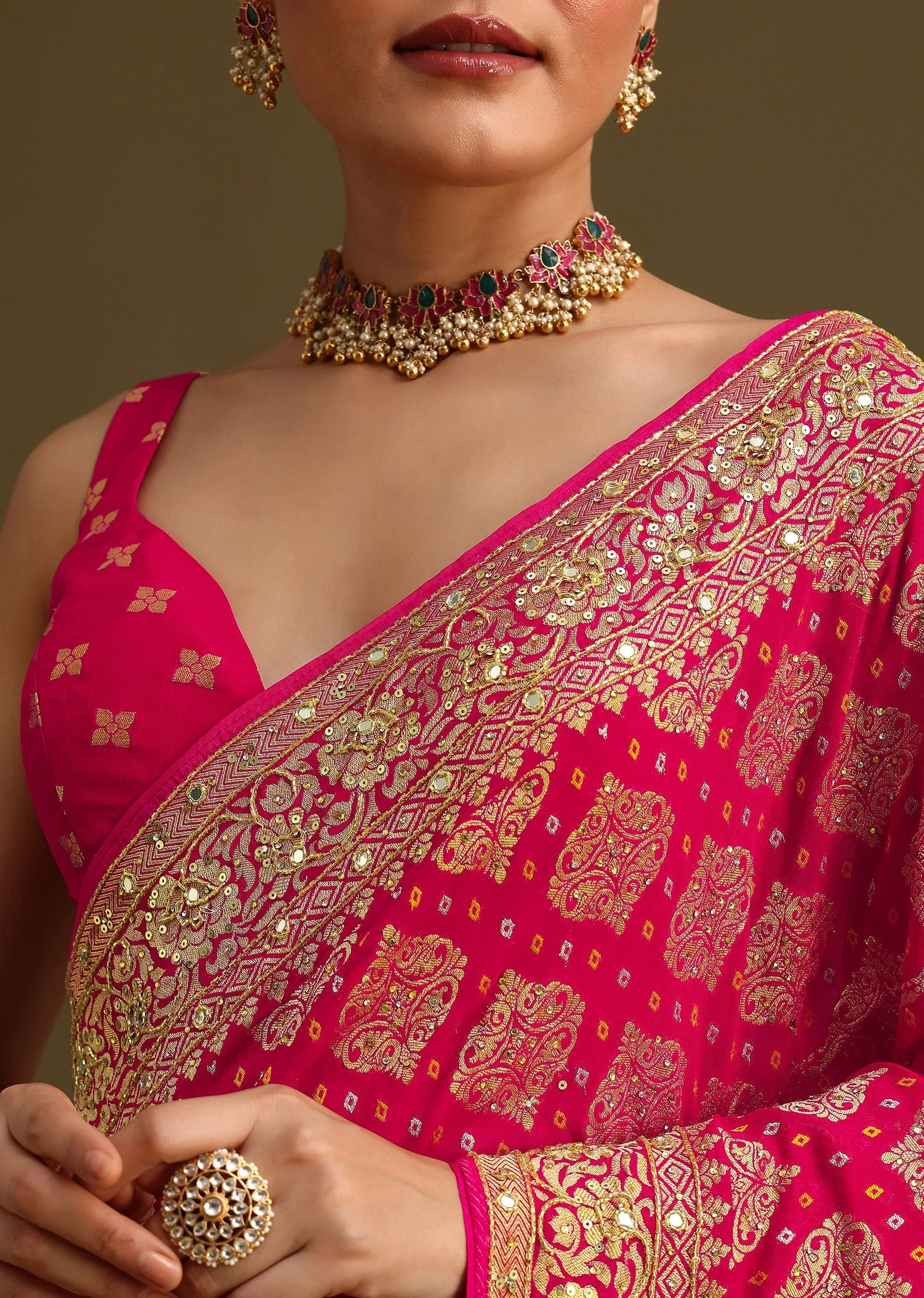 Pink Cutdana Embroidered Bandhani Weave Saree With Unstitched Blouse - Image 5