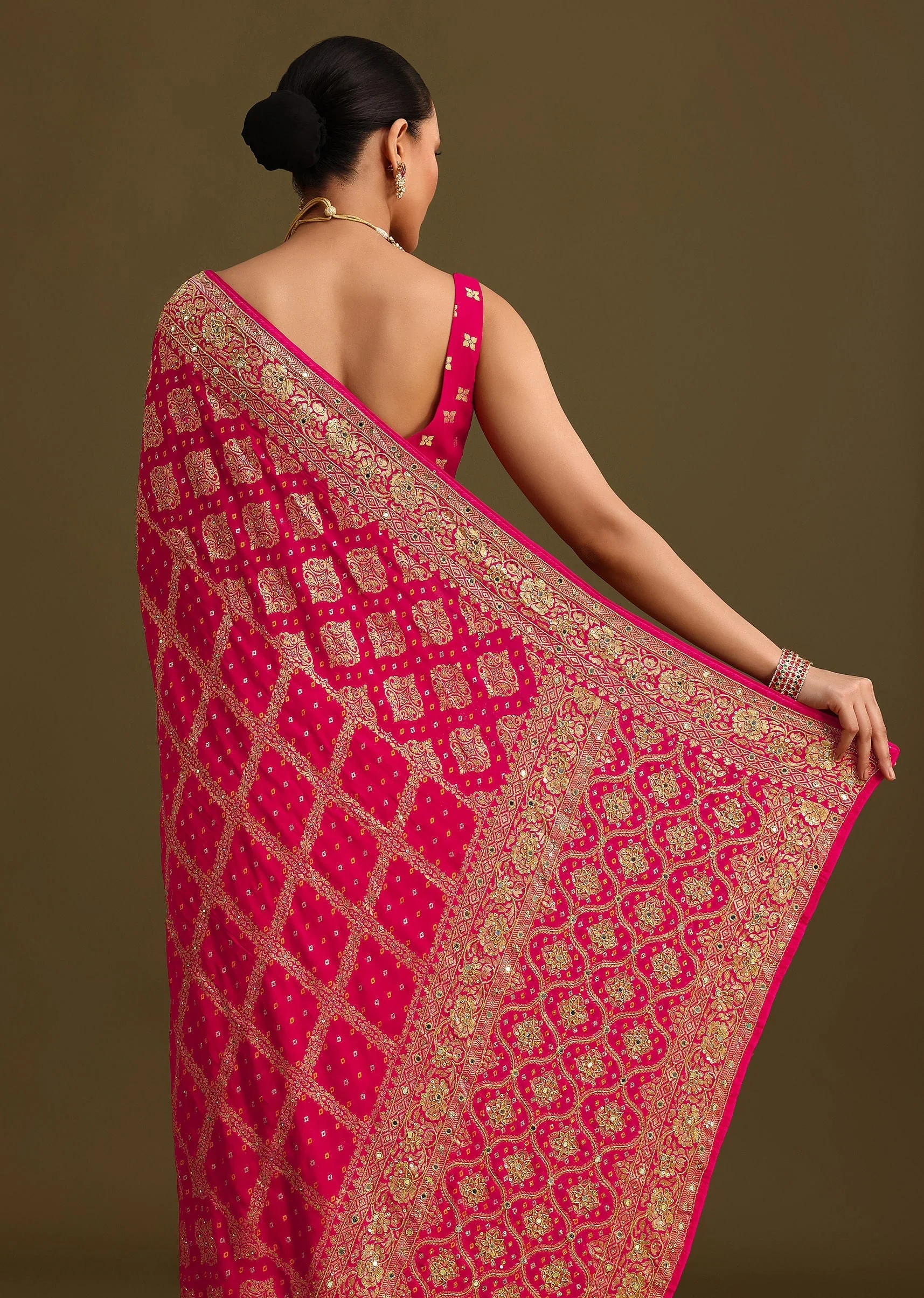 Pink Cutdana Embroidered Bandhani Weave Saree With Unstitched Blouse - Image 6