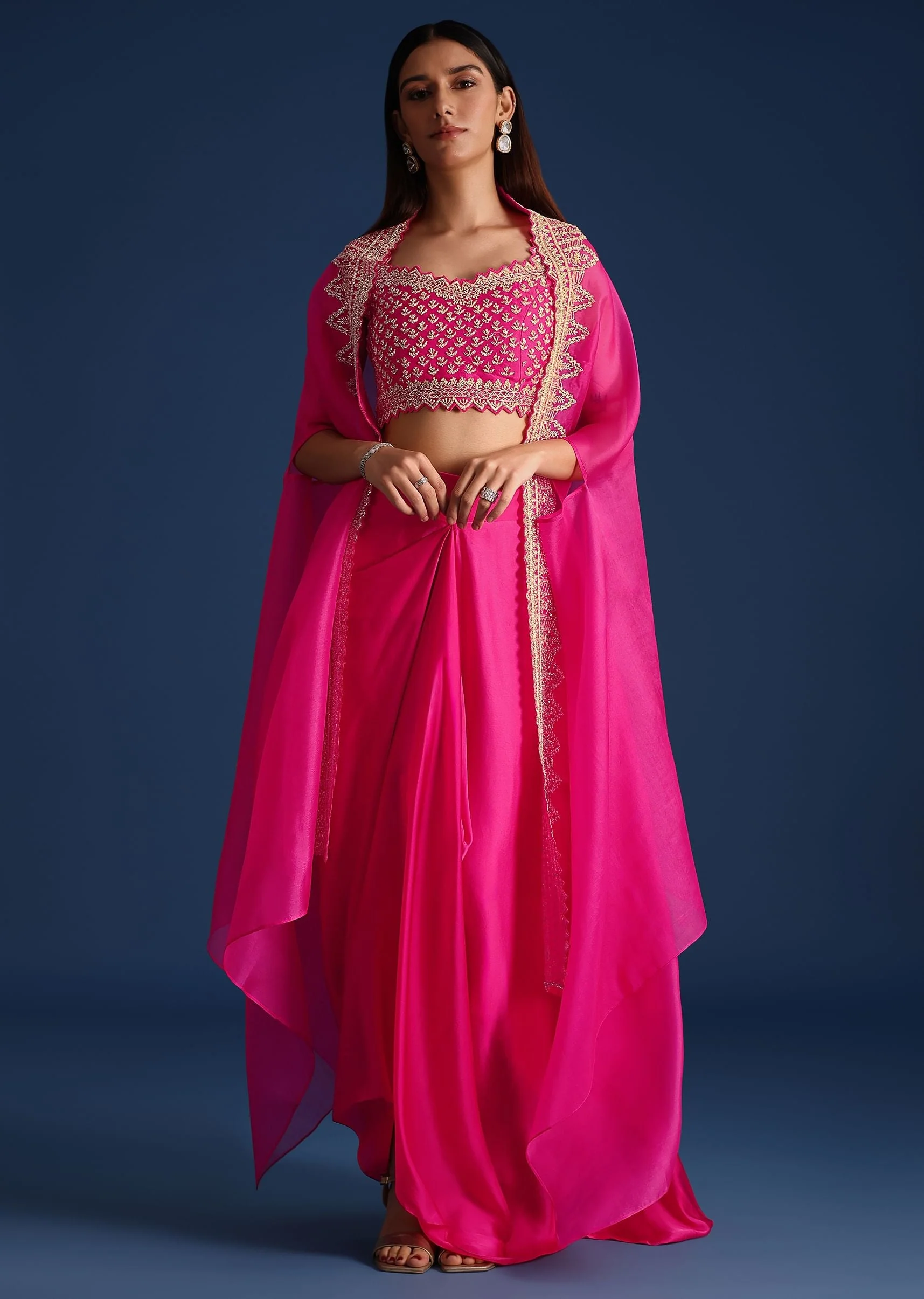 Pink Cutdana Embroidered Crop Top With Jacket And Skirt - Image 3