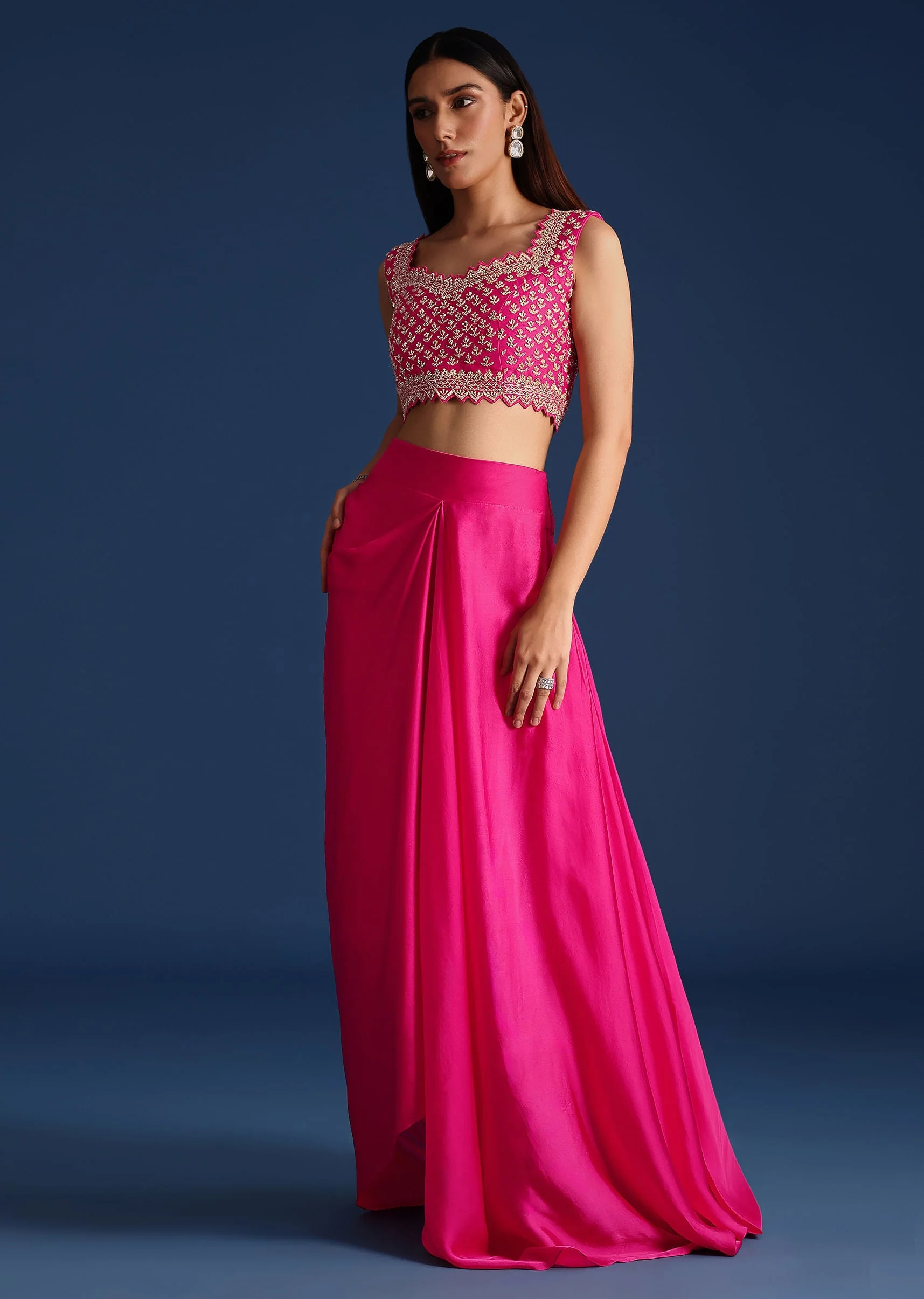 Pink Cutdana Embroidered Crop Top With Jacket And Skirt - Image 6