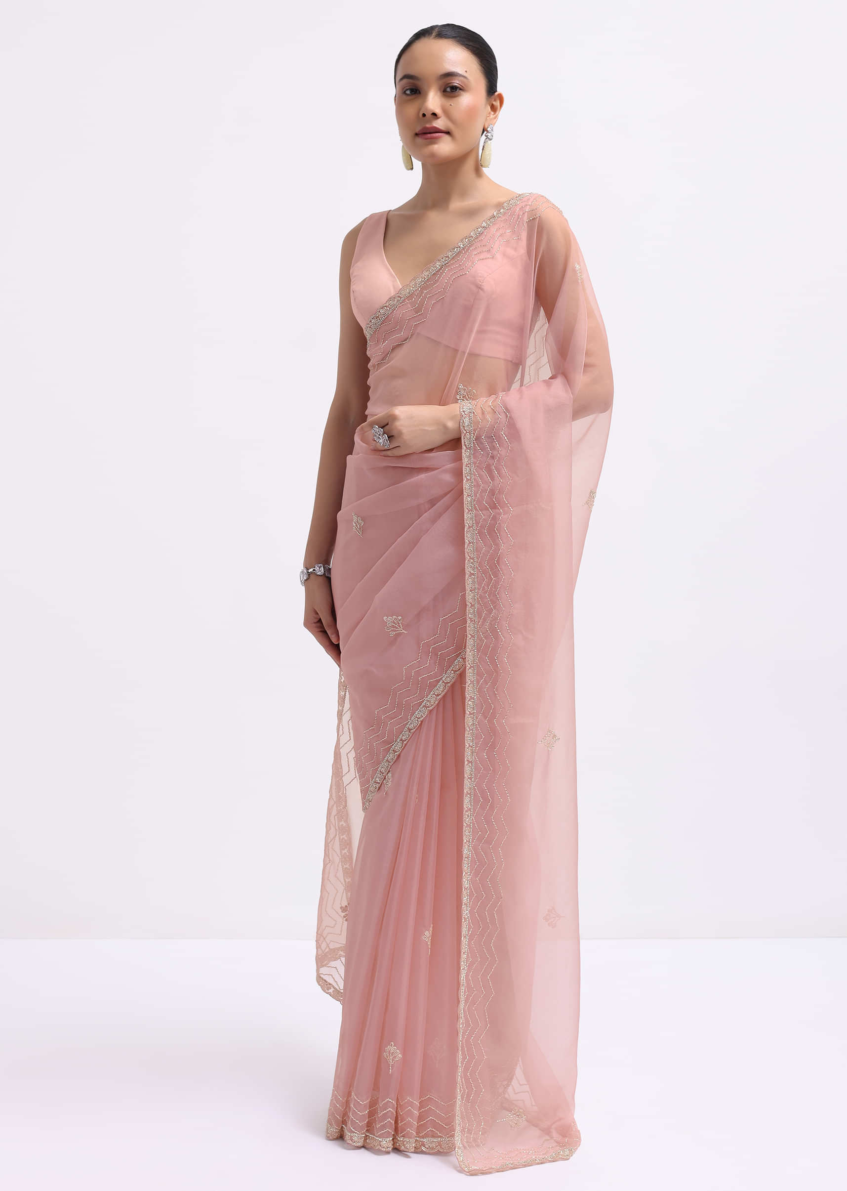 Pink Cutdana Embroidered Organza Saree With Unstitched Blouse - Image 3