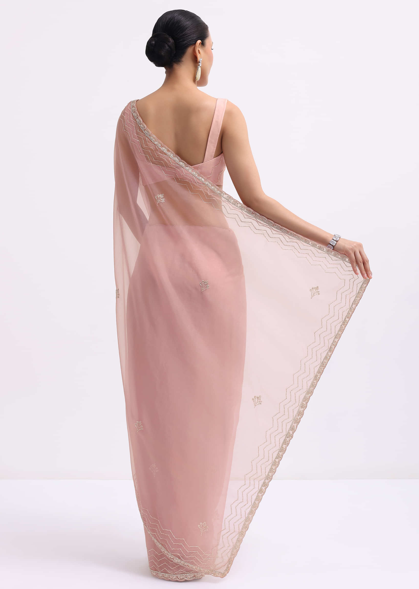 Pink Cutdana Embroidered Organza Saree With Unstitched Blouse - Image 4