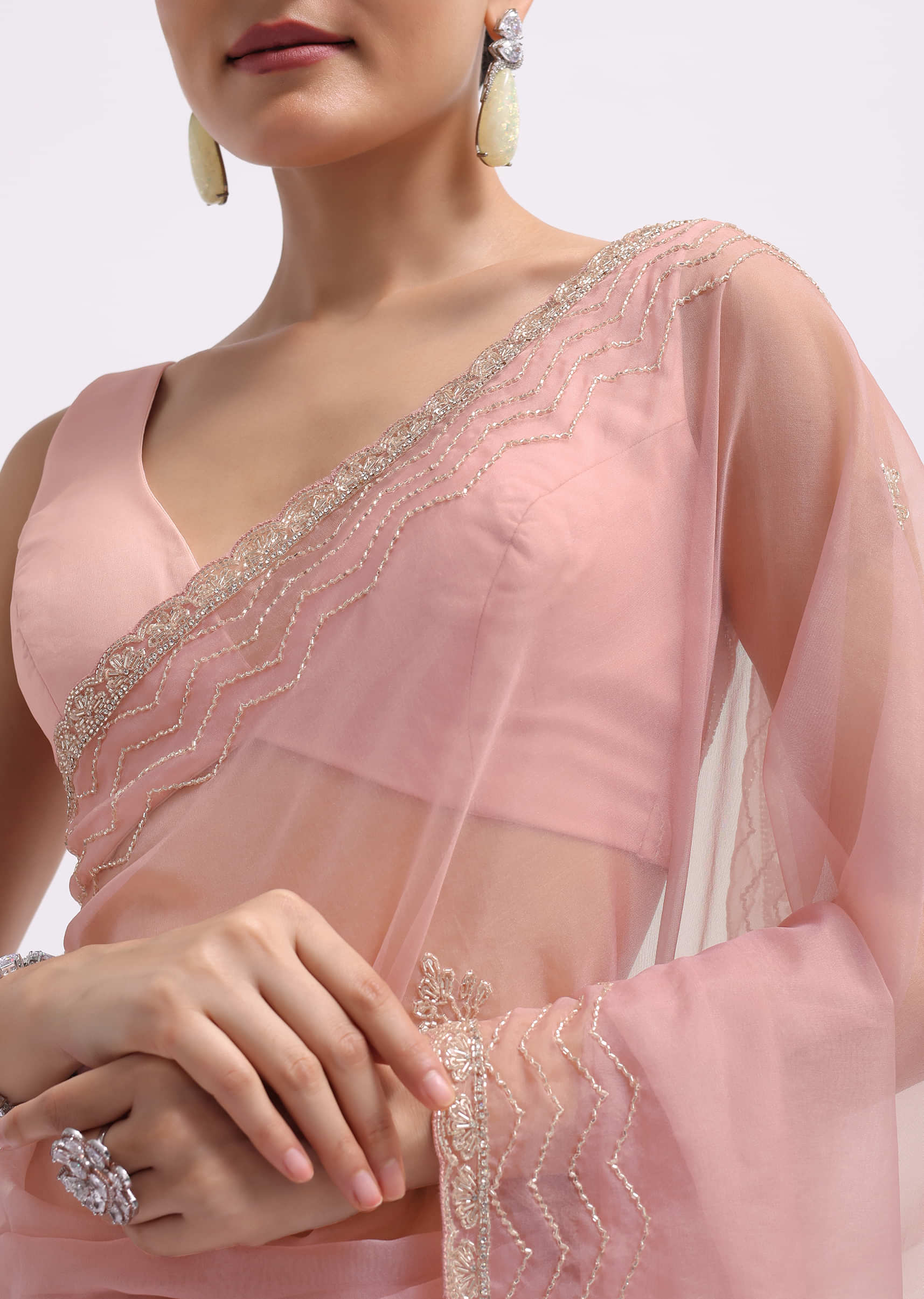 Pink Cutdana Embroidered Organza Saree With Unstitched Blouse - Image 5