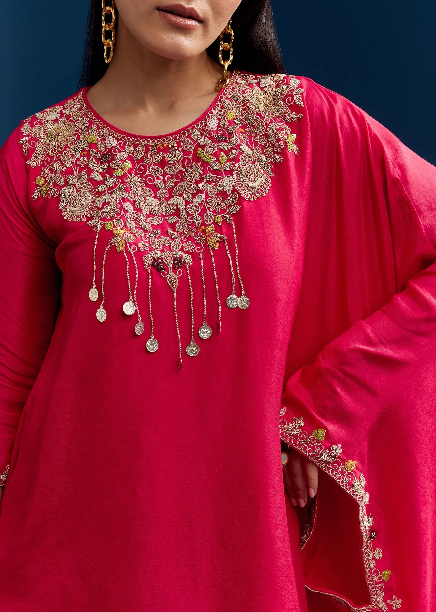 Pink Dola Silk Crop Top Skirt Set With Zardosi Work - Image 2