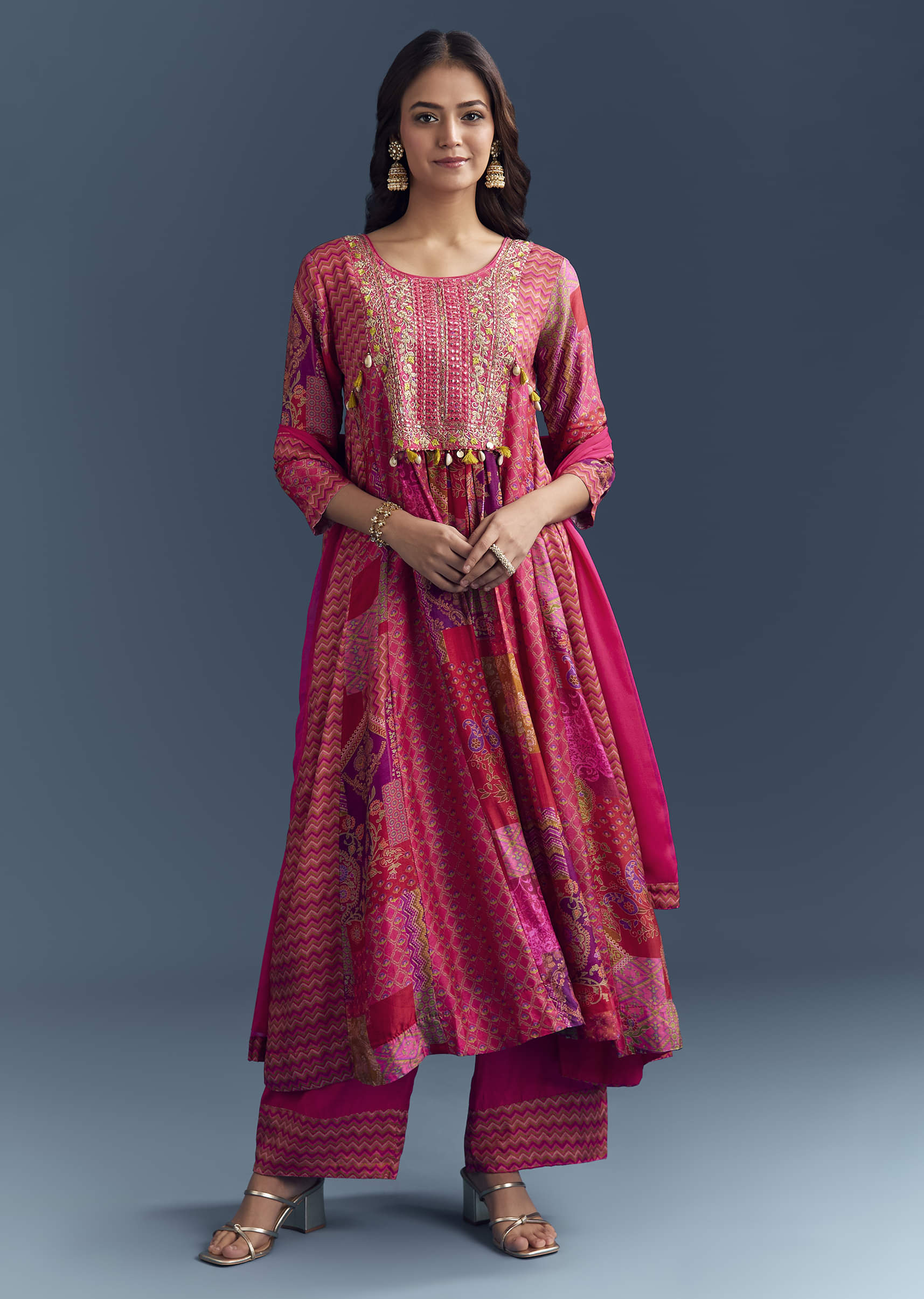 Pink Dola Silk Printed Anarkali Suit With Intricate Hand Embroidery - Image 3