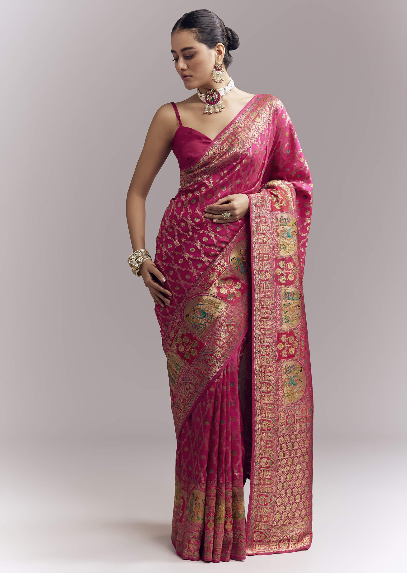 Pink Dola Silk Woven Saree With Delicate Hand Embroidery - Image 3