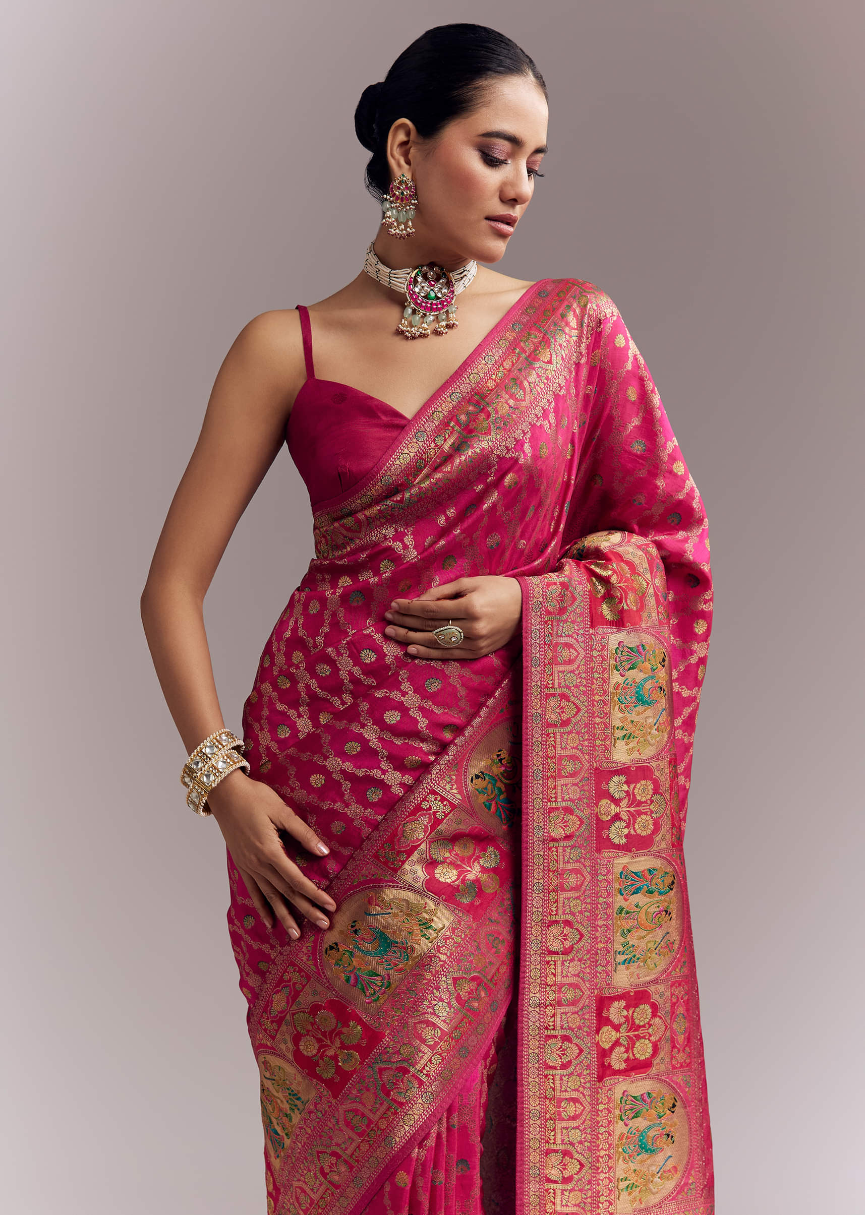 Pink Dola Silk Woven Saree With Delicate Hand Embroidery - Image 5