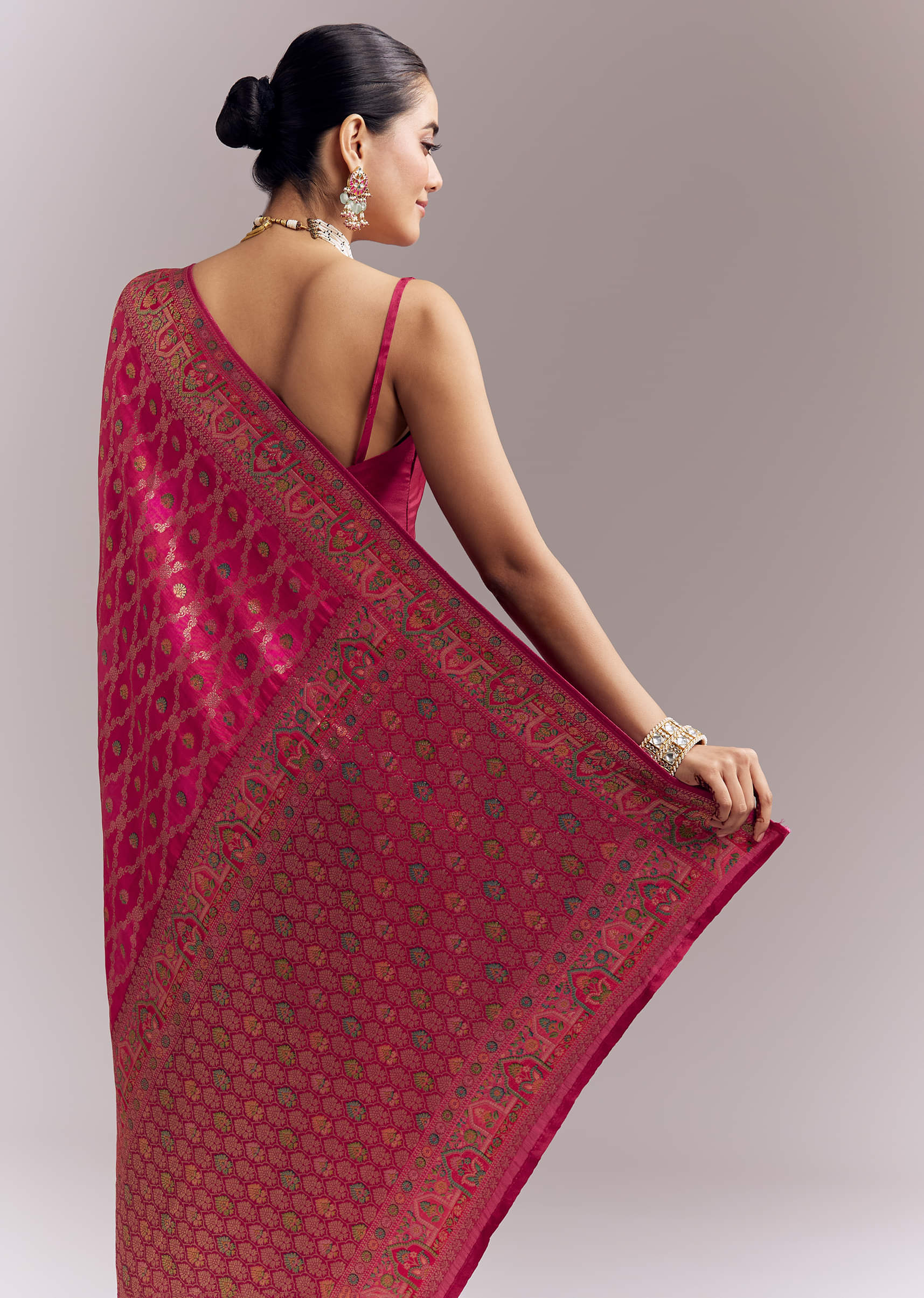 Pink Dola Silk Woven Saree With Delicate Hand Embroidery - Image 6