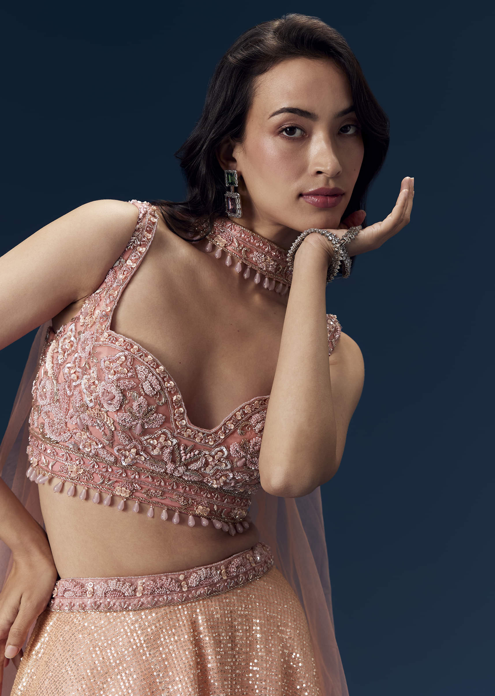 Pink Embellished Bridesmaid Lehega with Choker Dupatta - Image 3