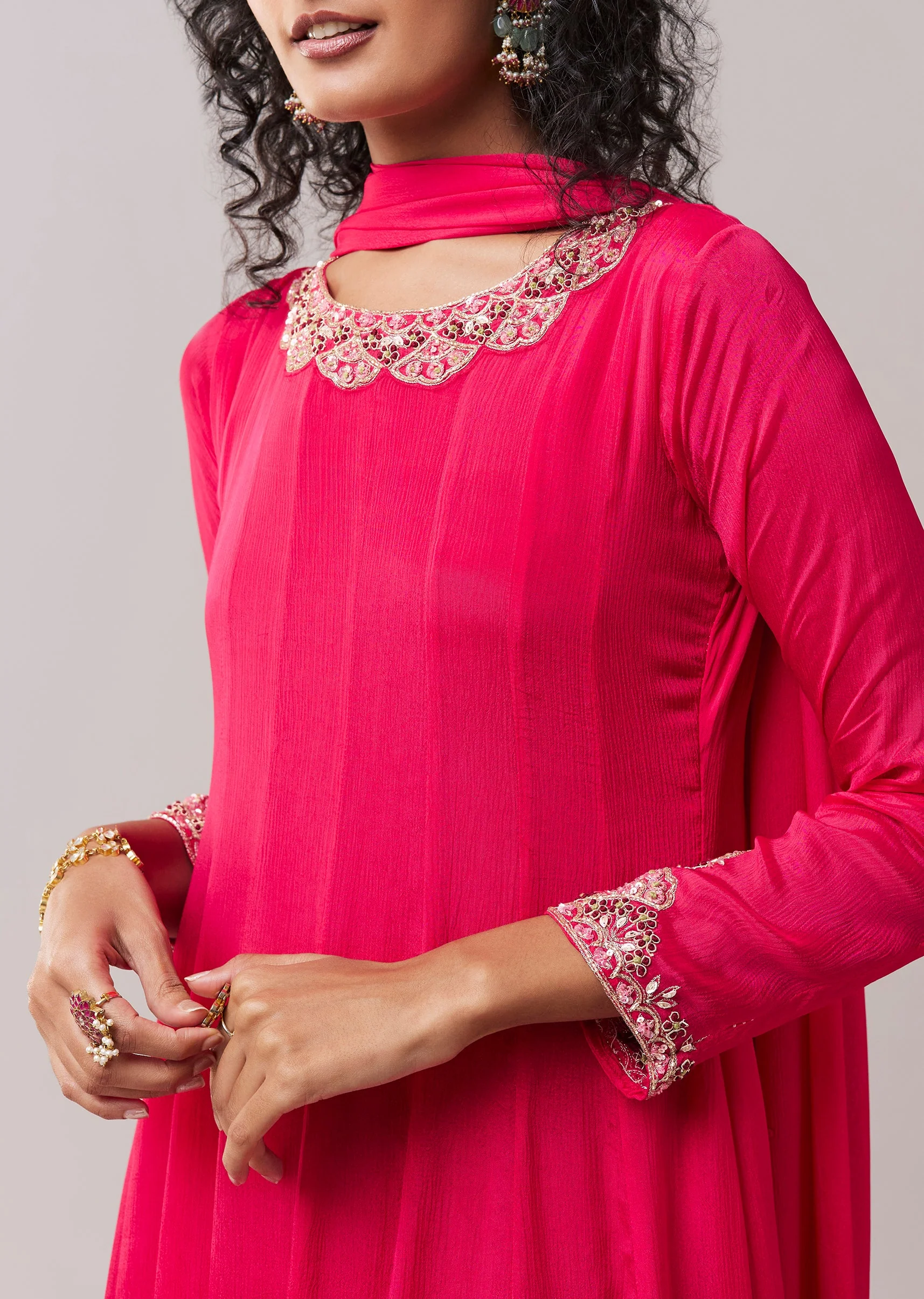 Pink Embellished Chinon Anarkali Set - Image 2