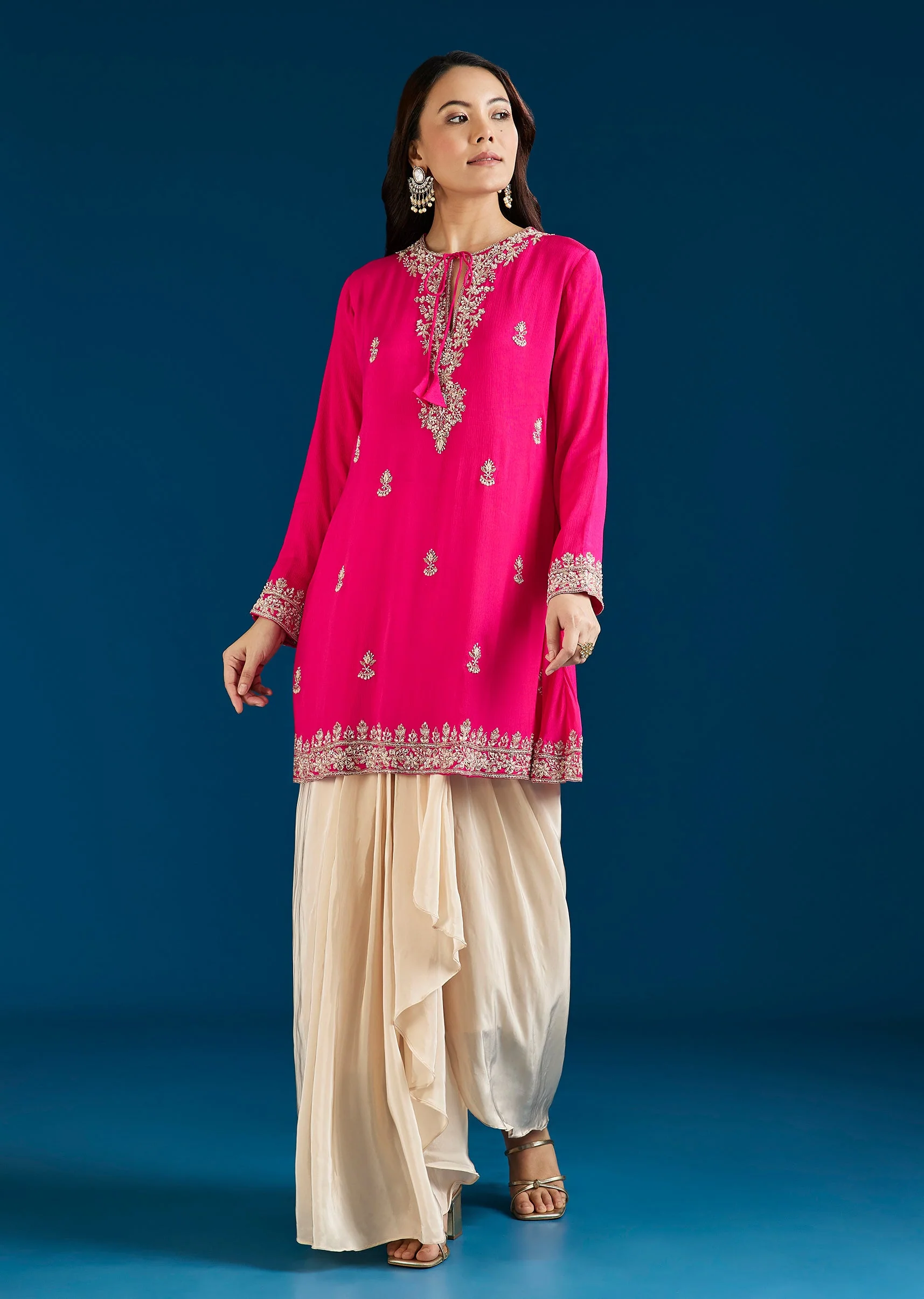 Pink Embellished Drape Skirt Indo Western Set