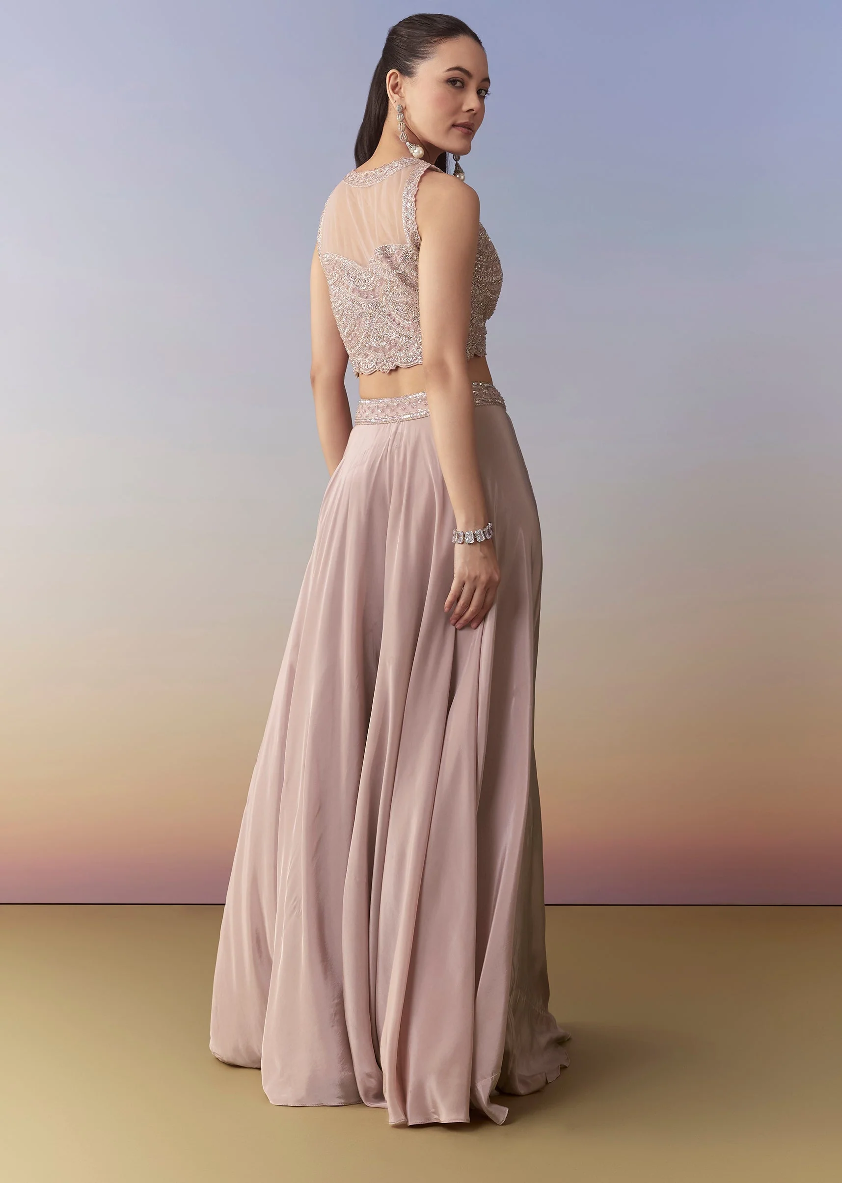 Pink Embellished Indo Western Crop Top Palazzo Set - Image 5