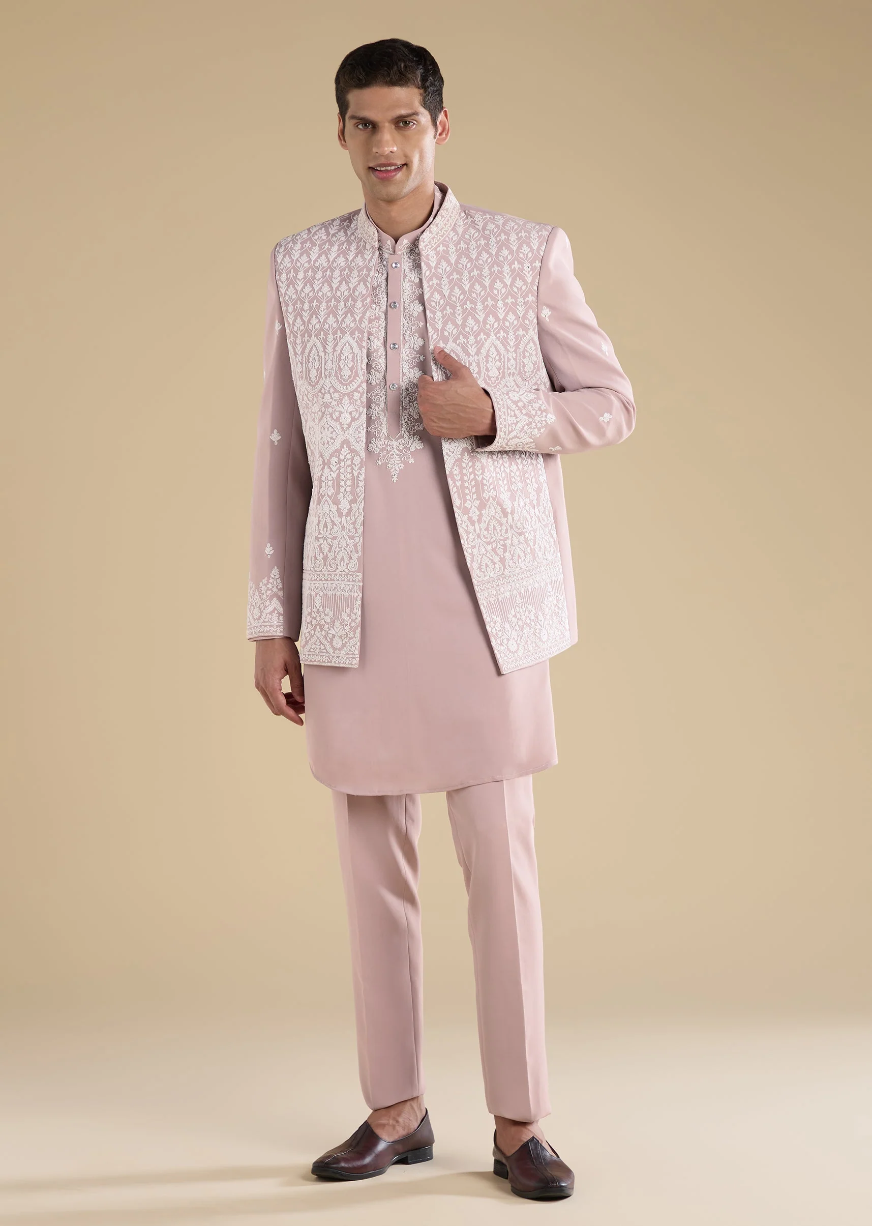 Pink Embellished Jodhpuri Set With Kurta And Pants