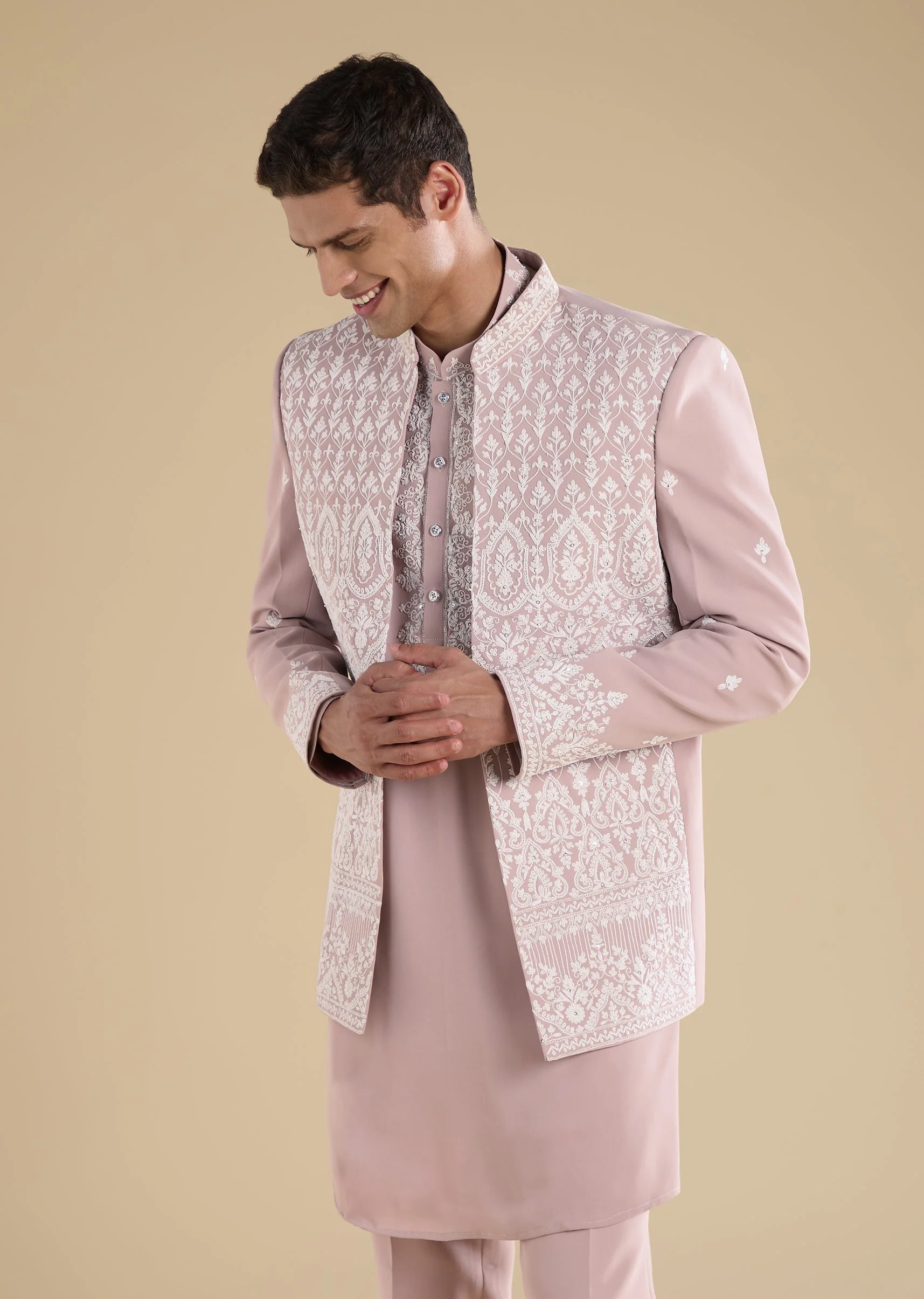 Pink Embellished Jodhpuri Set With Kurta And Pants - Image 4