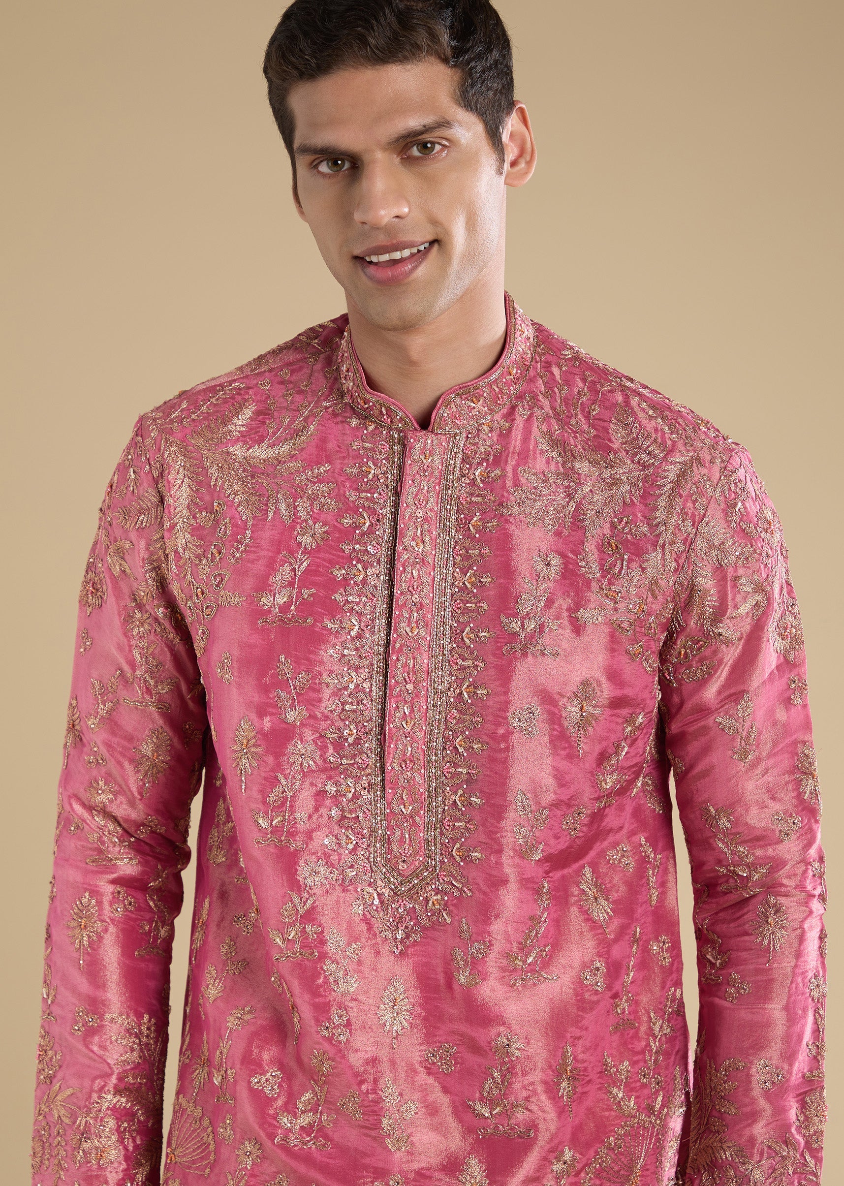 Pink Embellished Tissue Kurta Set With Pants - Image 2