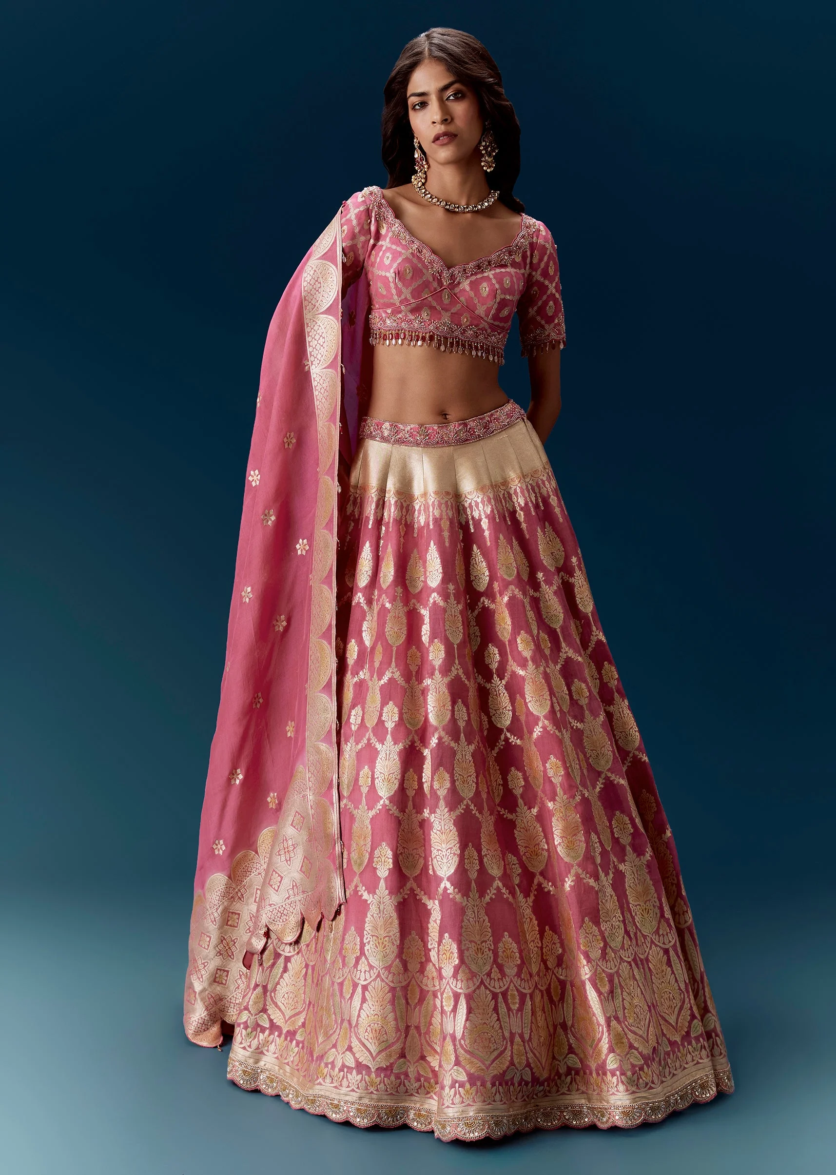 Pink Embroidered Bridal Lehenga With Dupatta