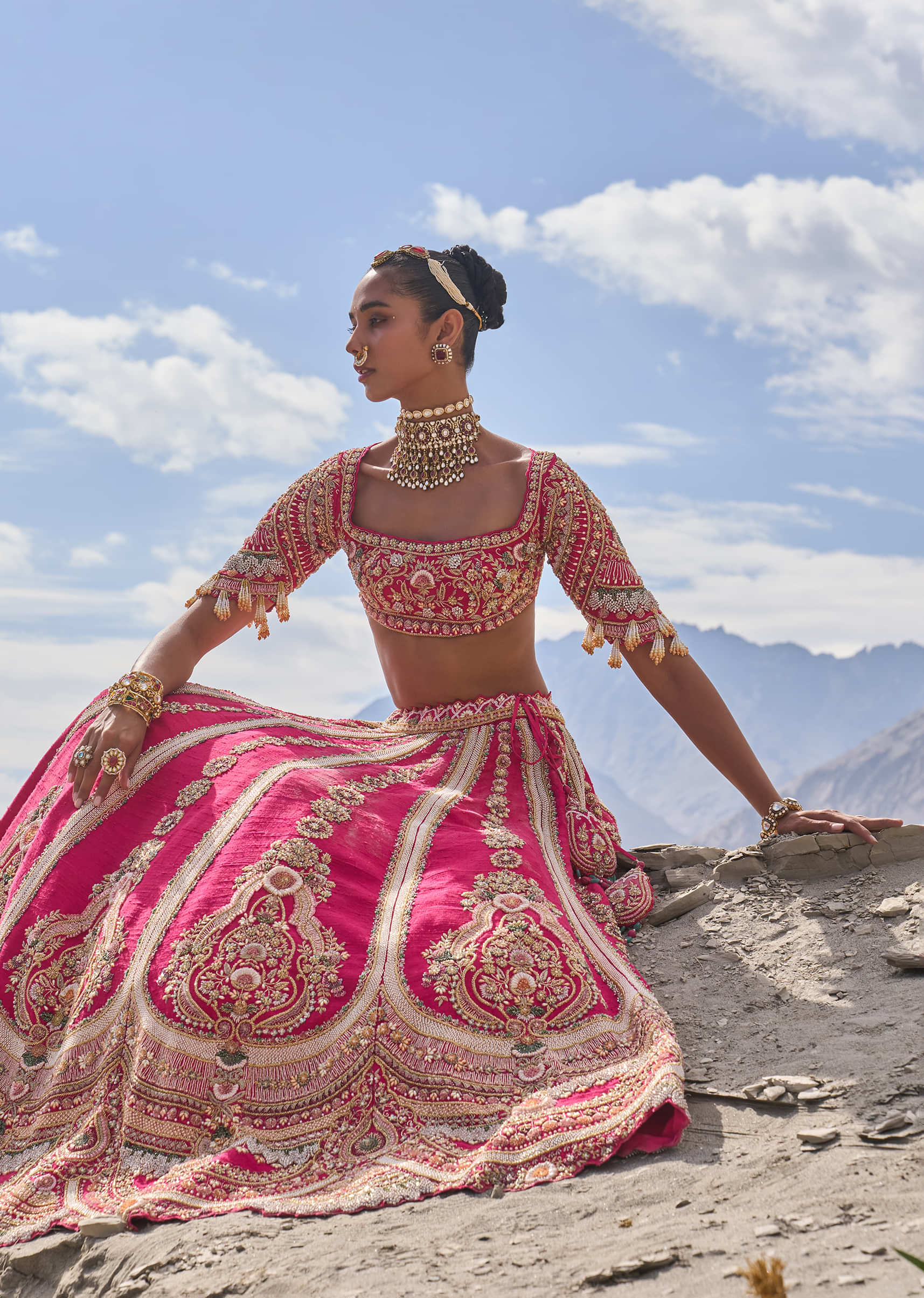 Pink Embroidered Bridal Lehenga With Two Dupattas - Image 4