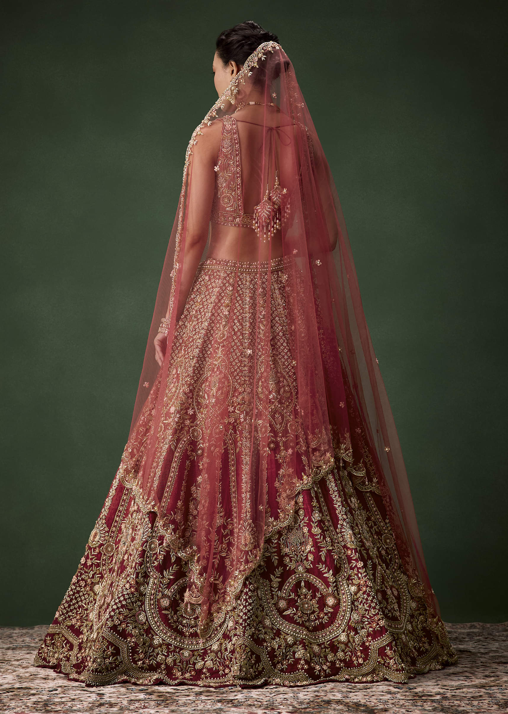 Pink Embroidered Bridal Raw Silk Lehenga Set with Two Dupattas - Image 2