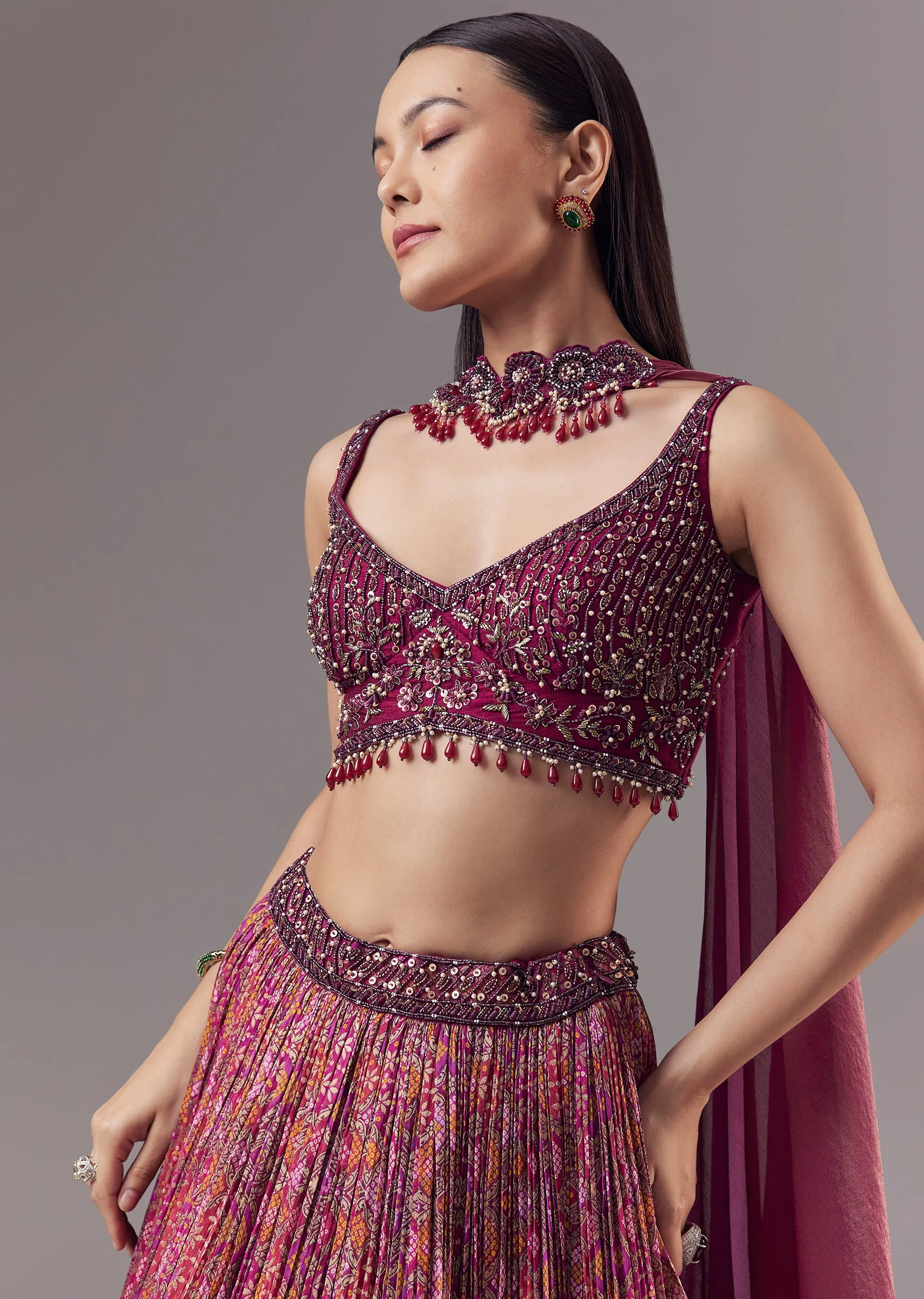 Pink Embroidered Bridesmaid Lehenga Set with Choker Dupatta - Image 3