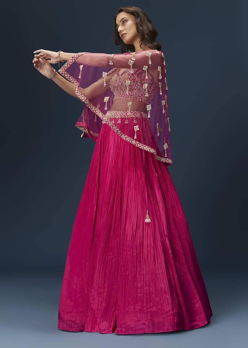 Pink Embroidered Bridesmaid Lehenga With Coordinated Cape And Blouse - Image 3