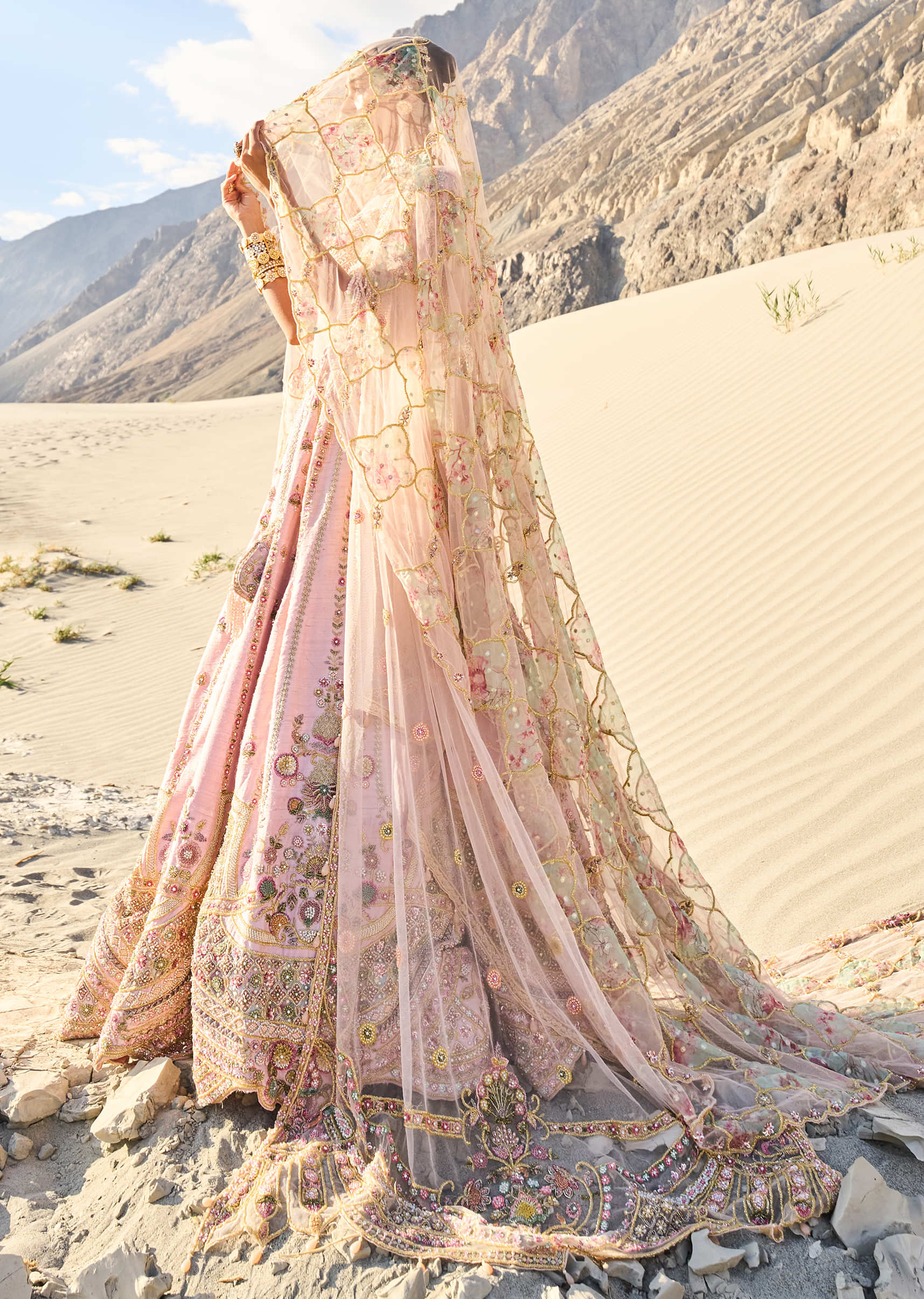 Pink Embroidered Butti Work Bridal Lehenga With Two Dupattas - Image 5