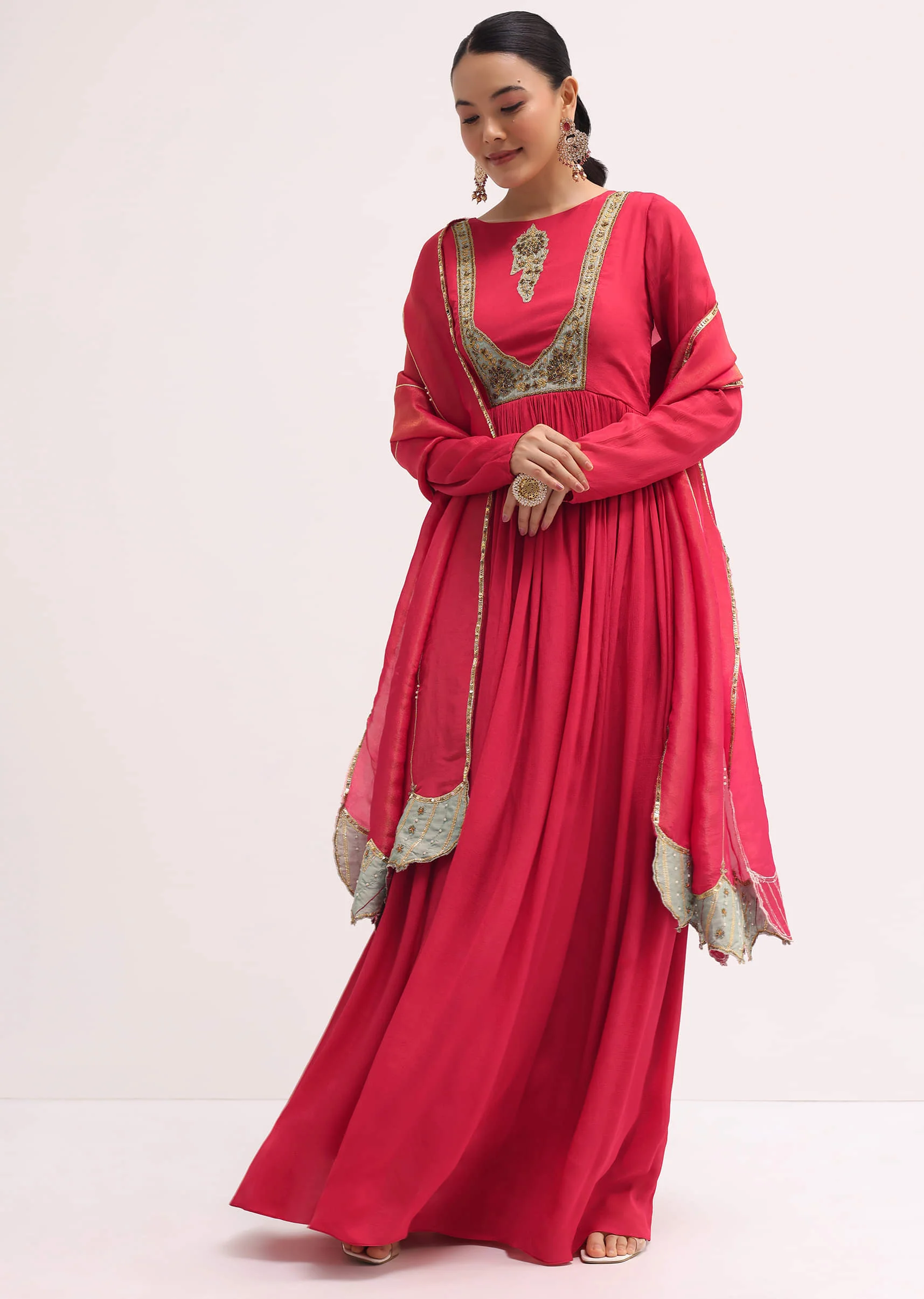 Pink Embroidered Chiffon Anarkali With Tissue Dupatta - Image 6