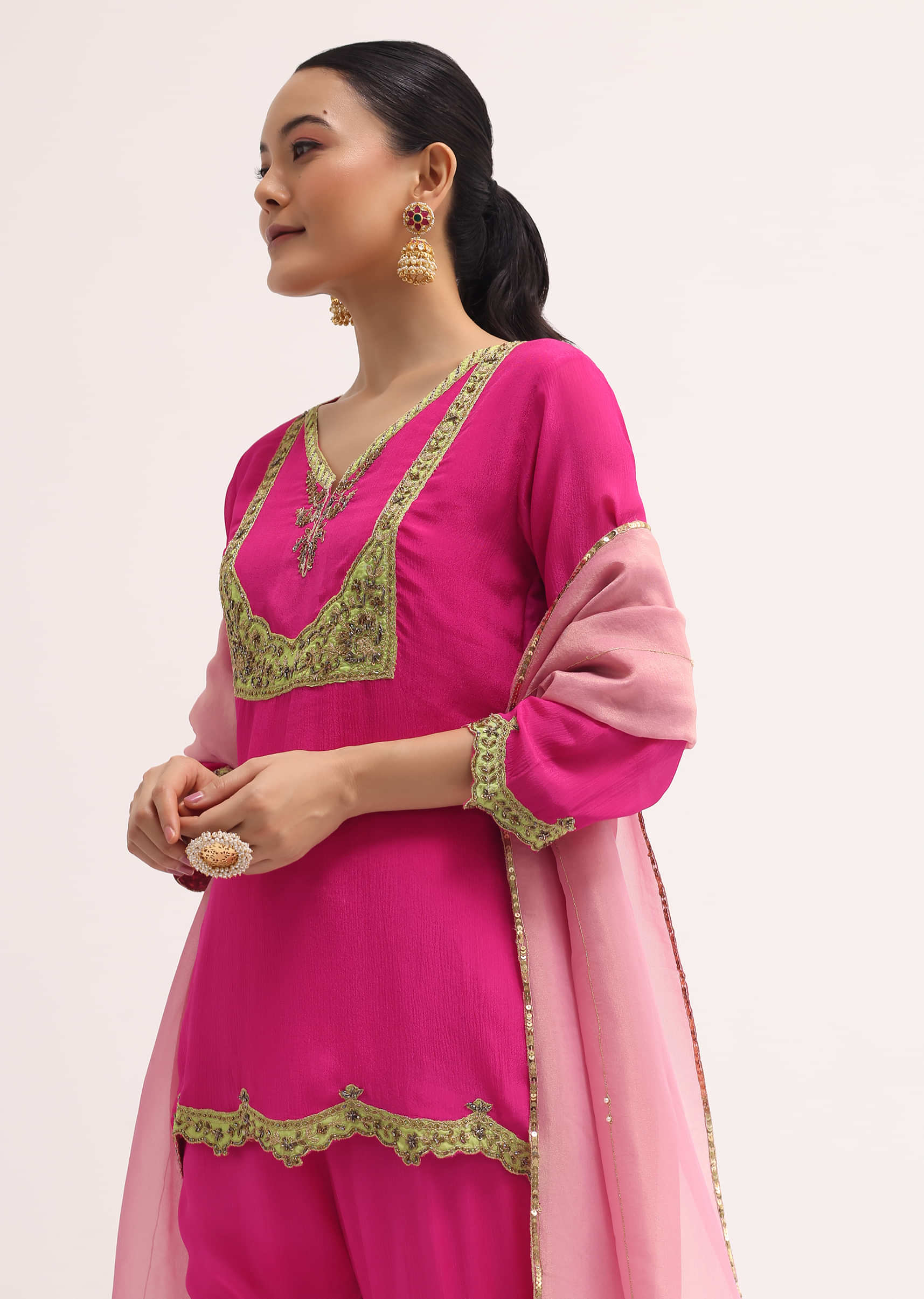 Pink Embroidered Chiffon Kurta Sharara Set - Image 4