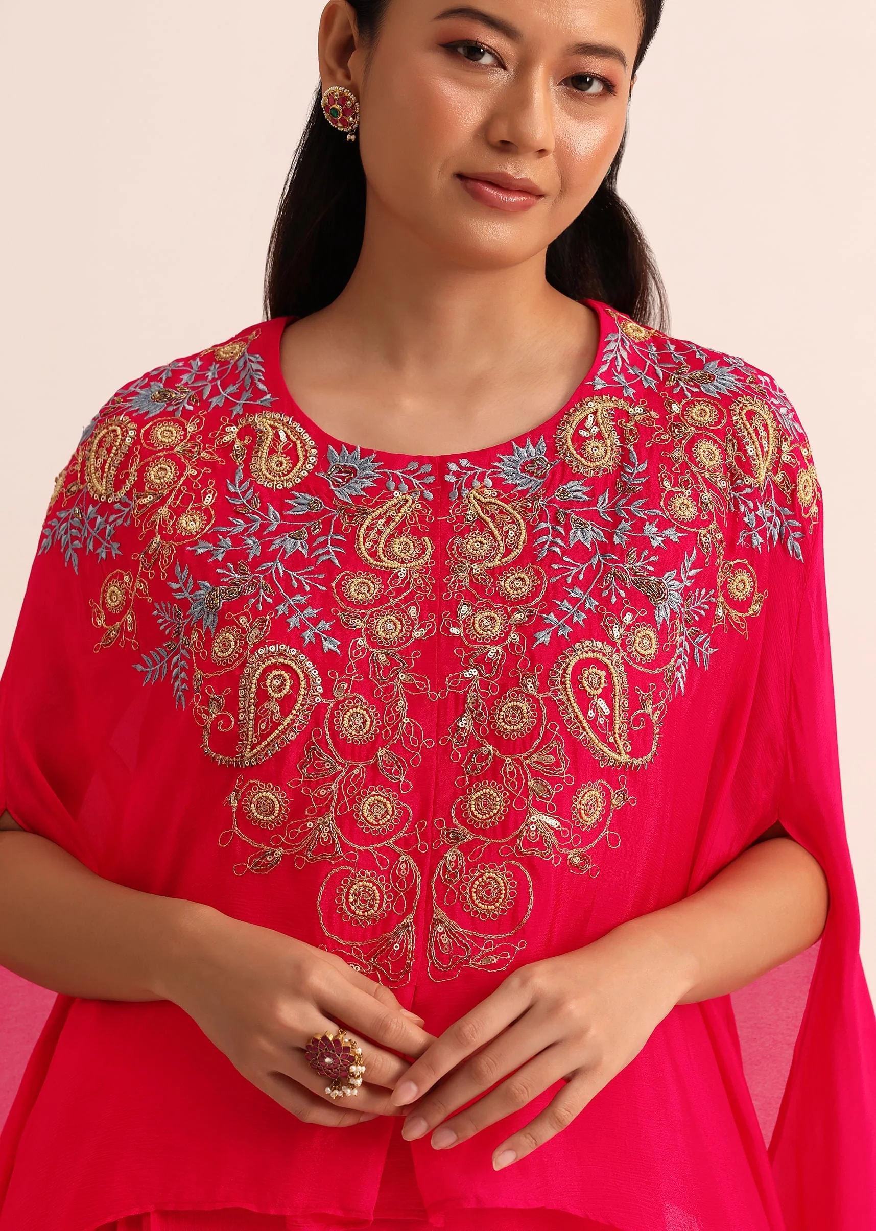 Pink Embroidered Chiffon Skirt And Cape - Image 2