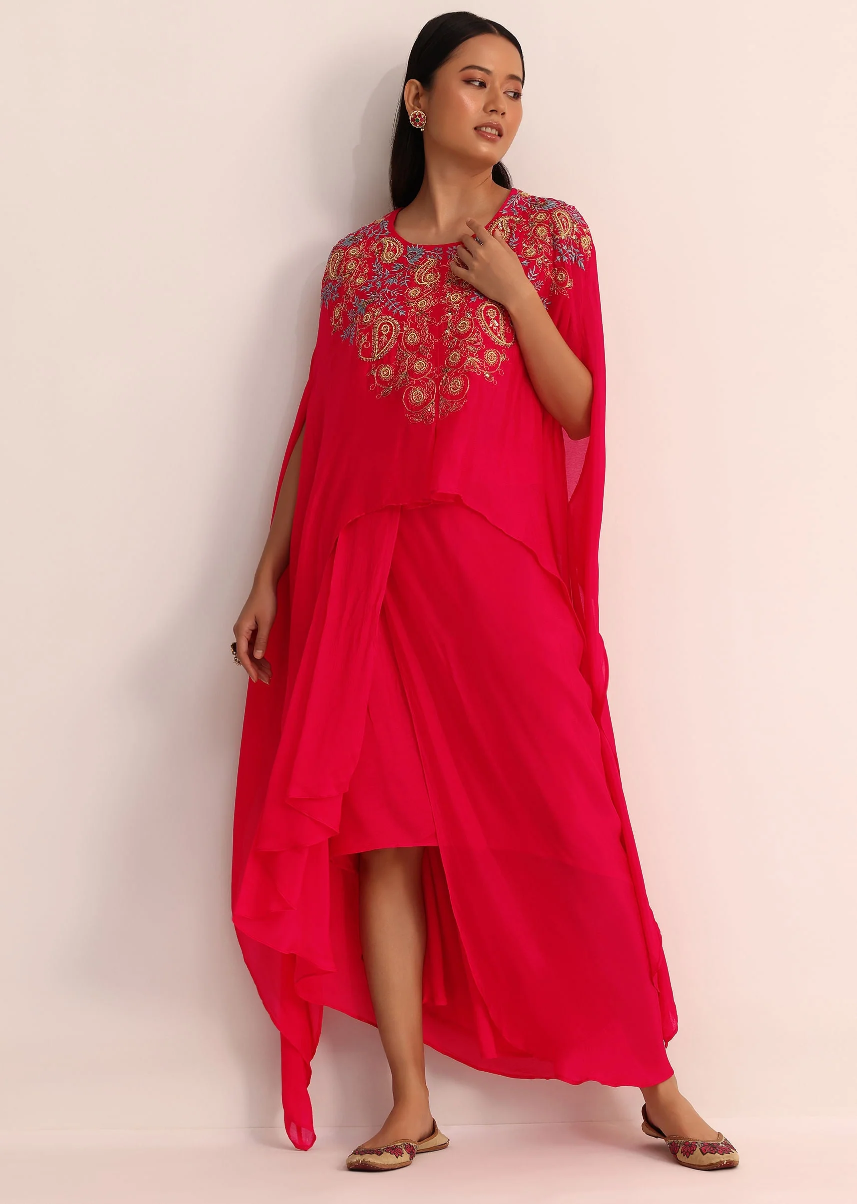 Pink Embroidered Chiffon Skirt And Cape - Image 3