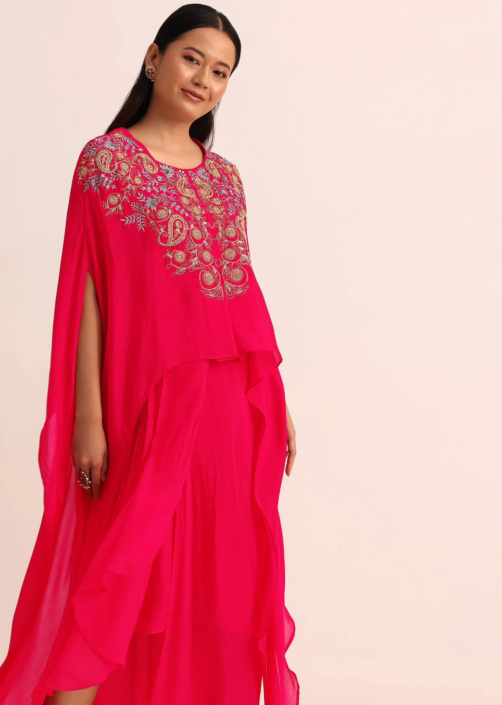 Pink Embroidered Chiffon Skirt And Cape - Image 4