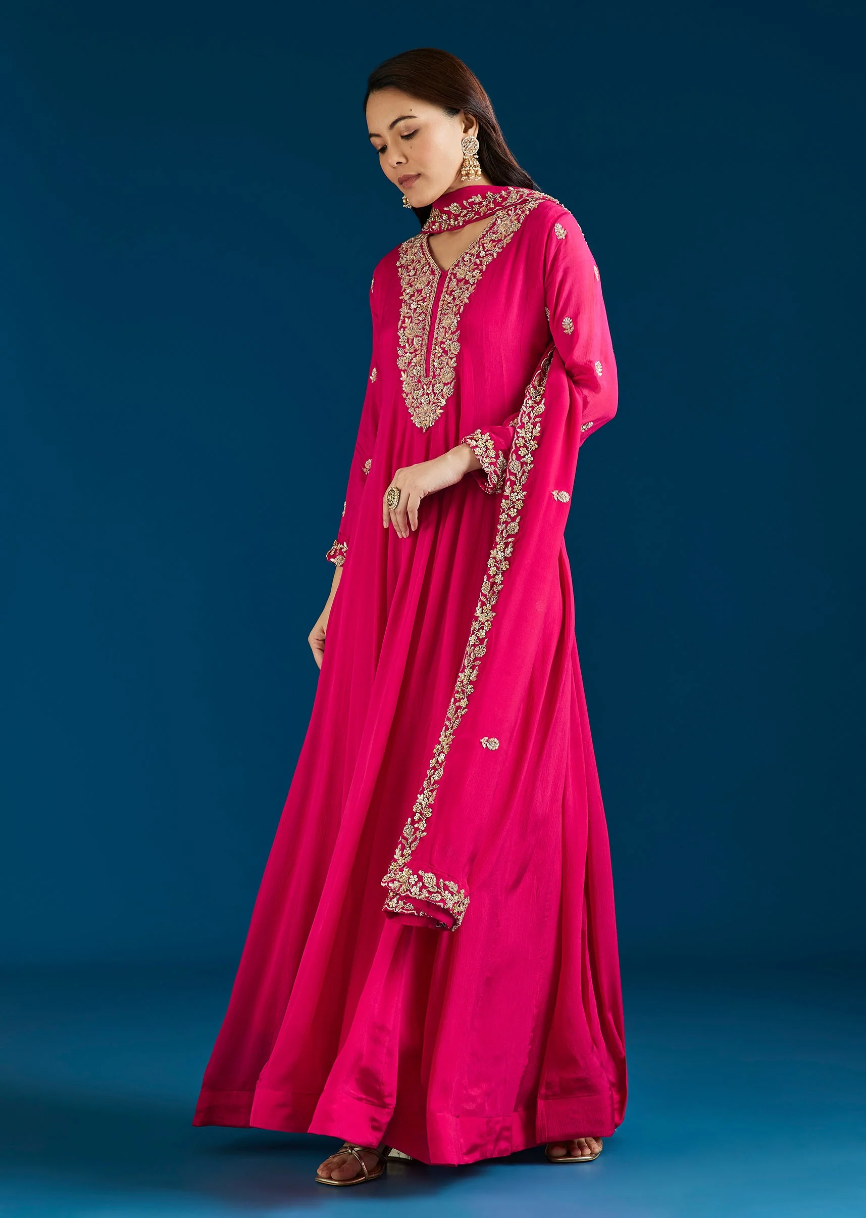 Pink Embroidered Chinon Anarkali Suit With Dupatta - Image 3