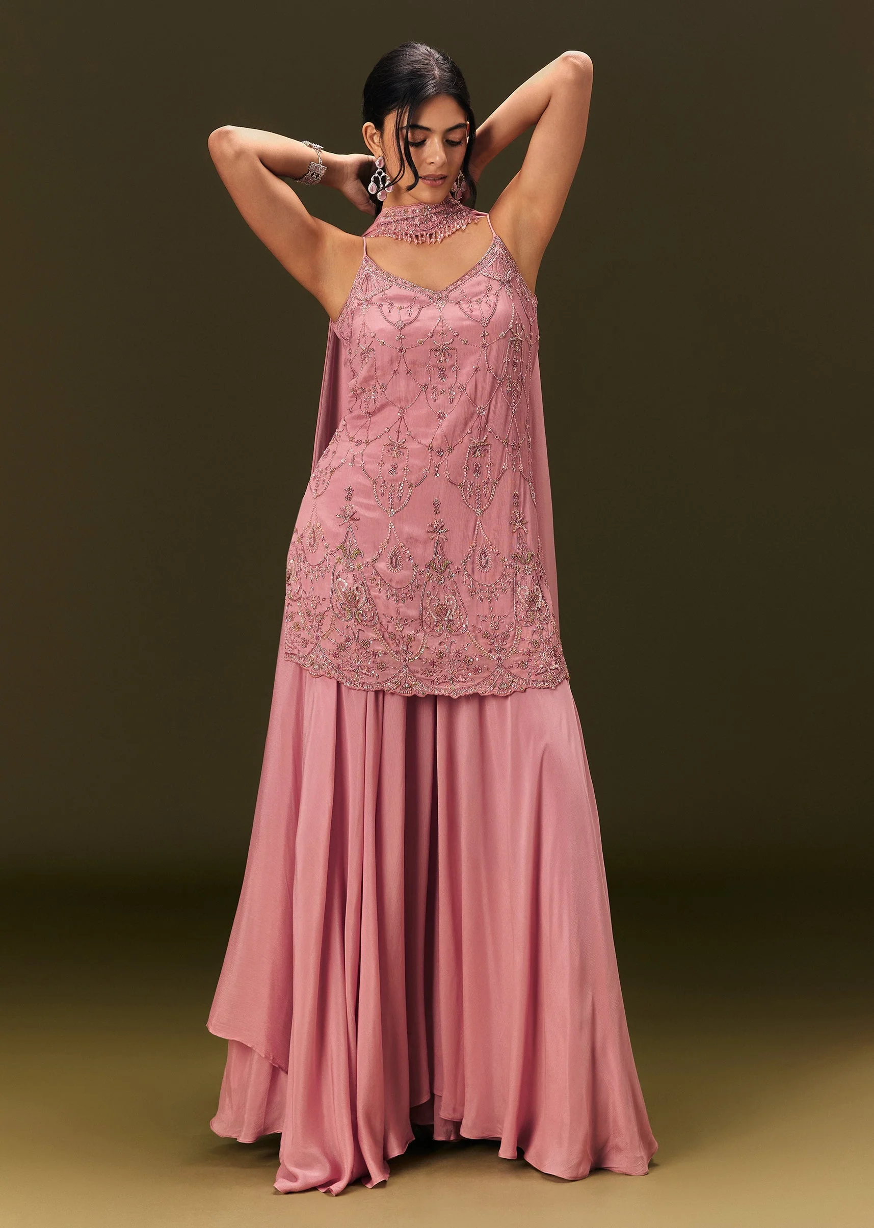 Pink Embroidered Chinon Kurti With Flared Pant And Choker Dupatta - Image 4