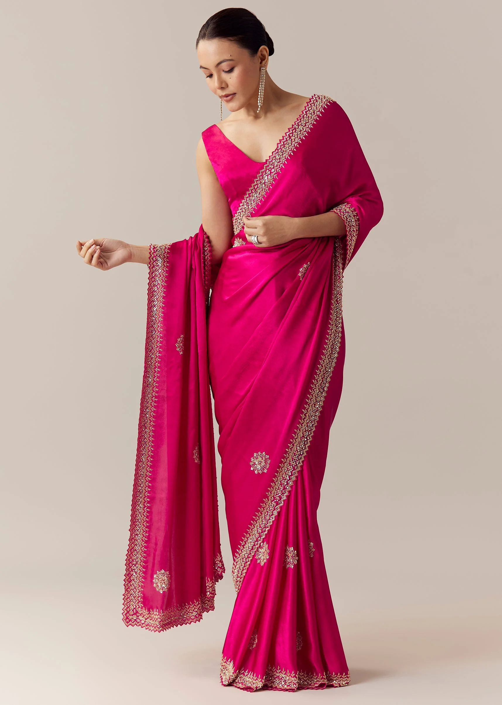 Pink Embroidered Chinon Saree with Unstitched Blouse