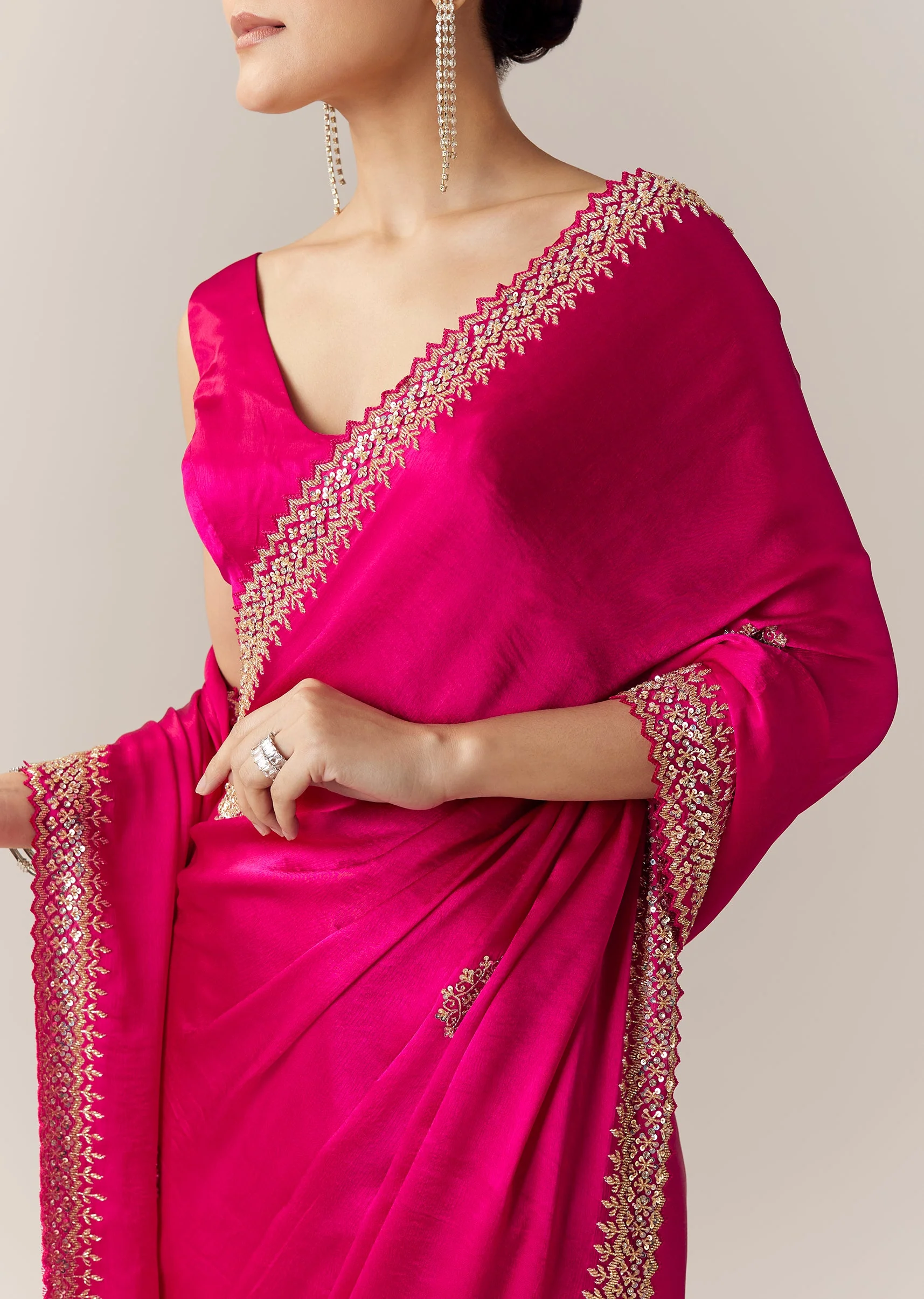 Pink Embroidered Chinon Saree with Unstitched Blouse - Image 2