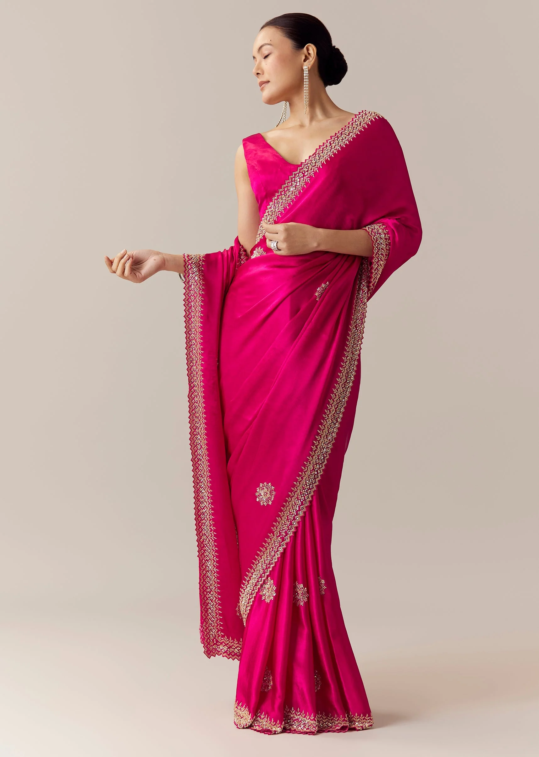 Pink Embroidered Chinon Saree with Unstitched Blouse - Image 3
