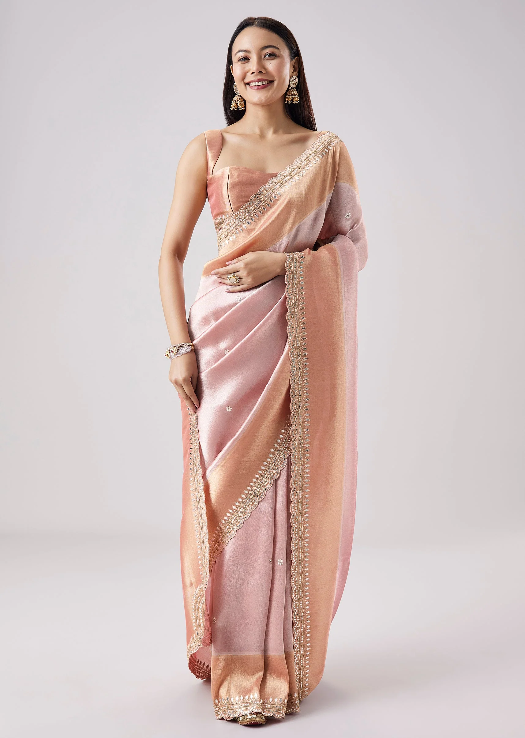 Pink Embroidered Contrast Border Saree With Unstitched Blouse - Image 3