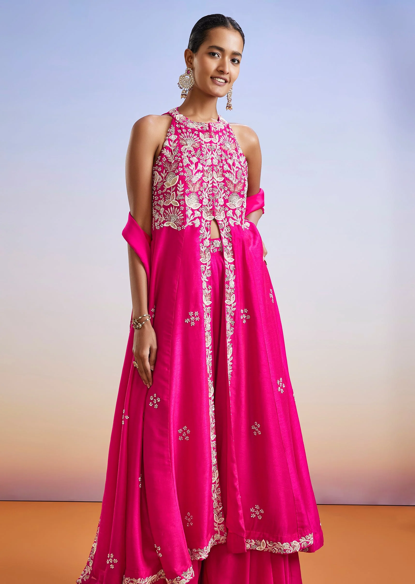 Pink Embroidered Front Slit Anarkali Suit With Dupatta - Image 4