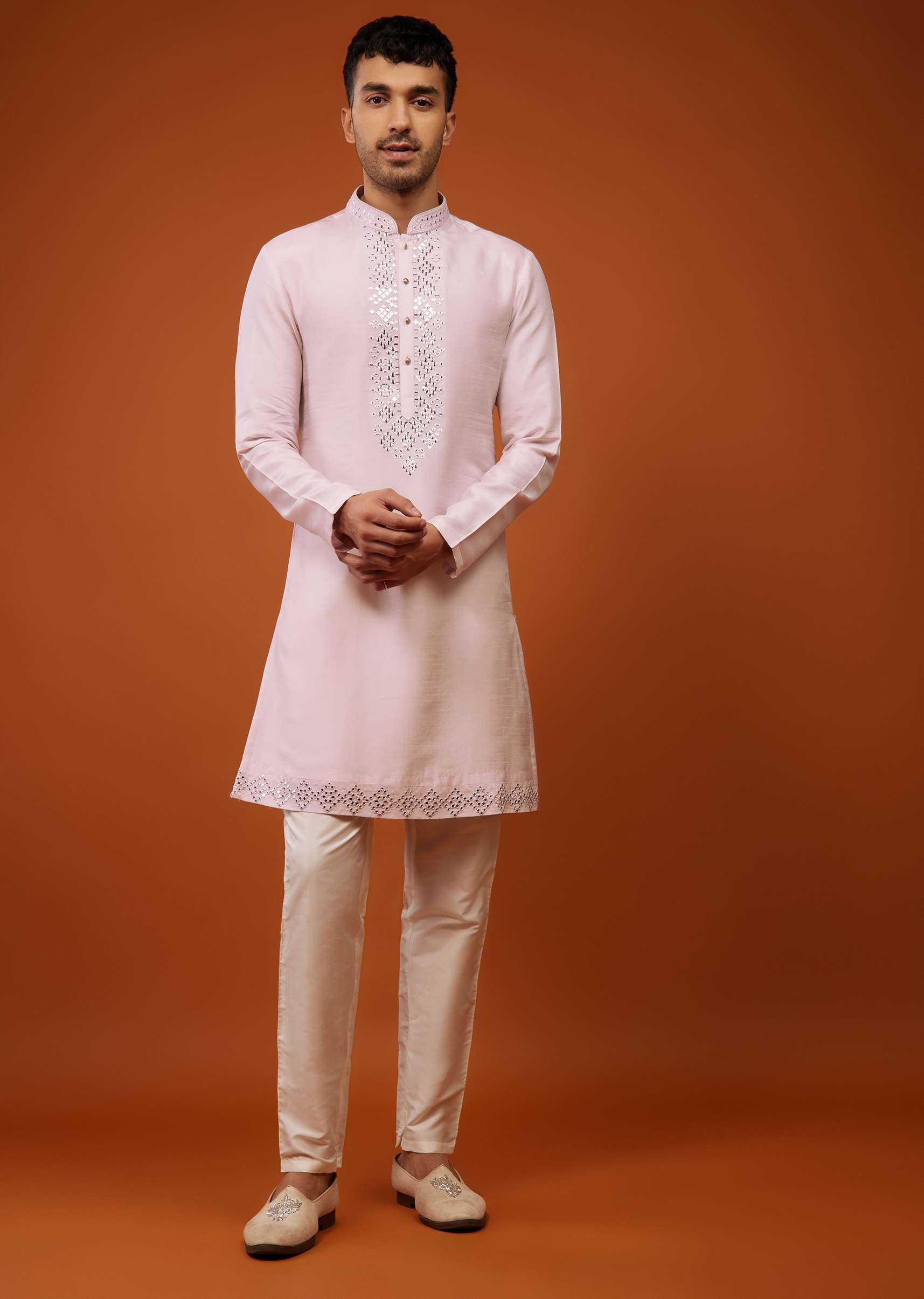 Candy Pink Embroidered Indo-Western Sherwani Set In Tussar Silk - Image 3